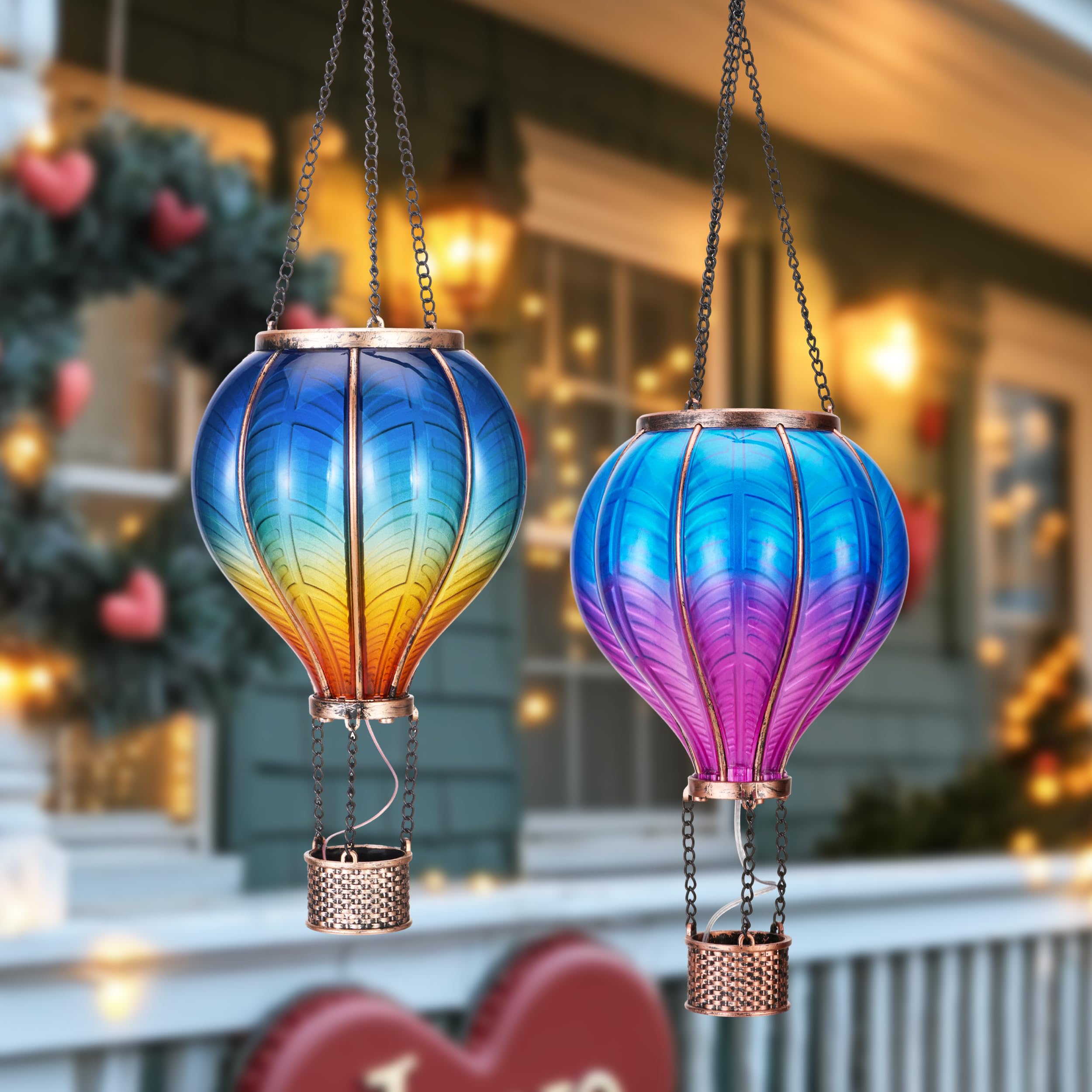 Teresa'S Collections 2 Pack Hanging Solar Lantern Outdoor Garden Decor For Valentine,Waterproof Plastic Hot Air Balloon Blue Fli