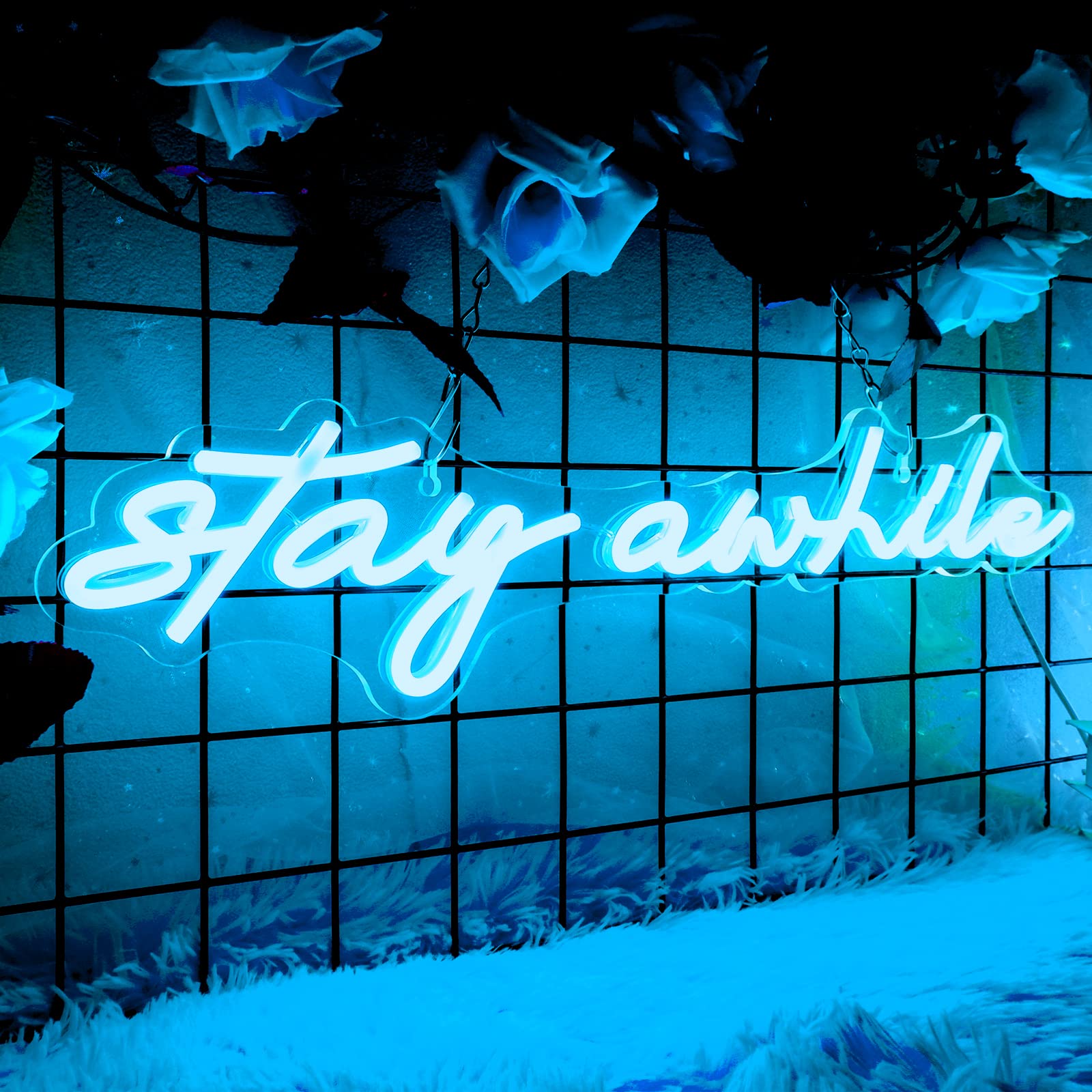 Imegina Dimmable Led Neon Sign - Stay Awhile Ice Blue Wall Decor For Bedroom, Pub, Party