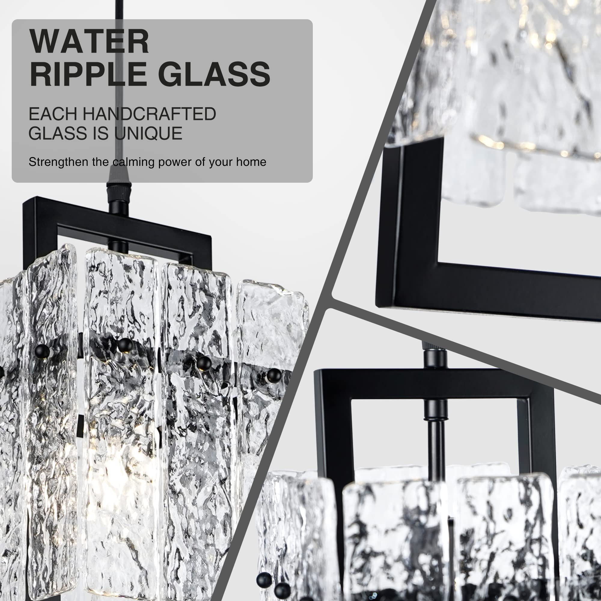 Black Crystal Pendant Light For Kitchen Island, Luxury Water Ripple Glass Chandelier Lights Fixture, Modern Elegant Adjustable P