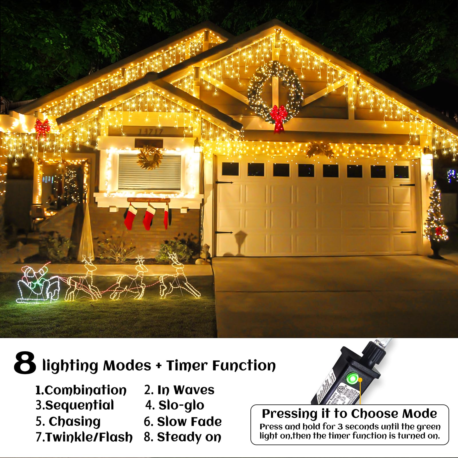 Nielfoi Icicle Lights - 66ft, 640LED Waterproof Curtain String Lights, Warm White, 8 Modes for Holiday & Party Decor
