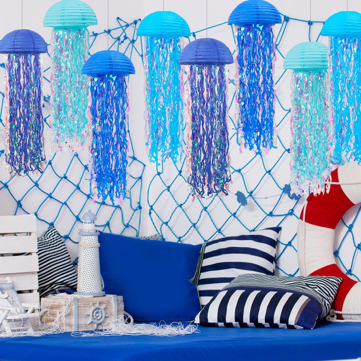 Yunxuan Mermaid Party Decorations, Jellyfish Paper Lanterns Blue Hanging Lantern For Mermaid Baby Shower Under The Sea Ocean Blu