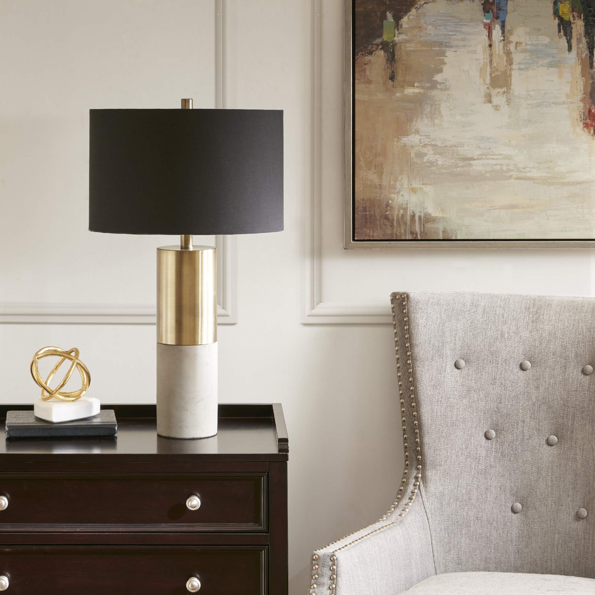 Hampton Hill Desk Lamp - Modern Luxe Gold/Black, 27.5 Tall, Fabric Drum Shade, Concrete Base, Model Mps153-0079