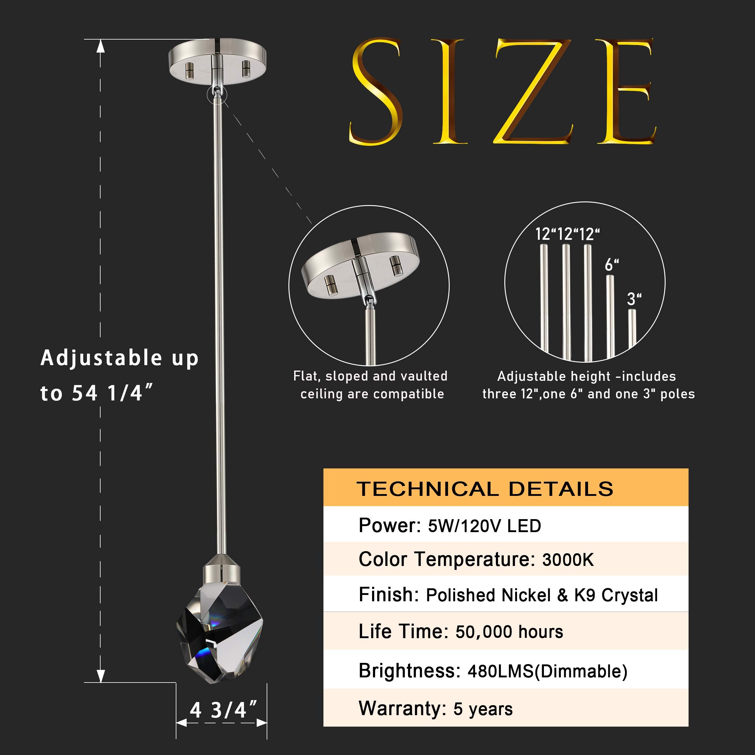 Untrammelife Polished Nickel Crystal Pendant Light, 1-Light Irregular Modern Rod Hanging Pendant Light Fixture 5W 3000K Dimmable