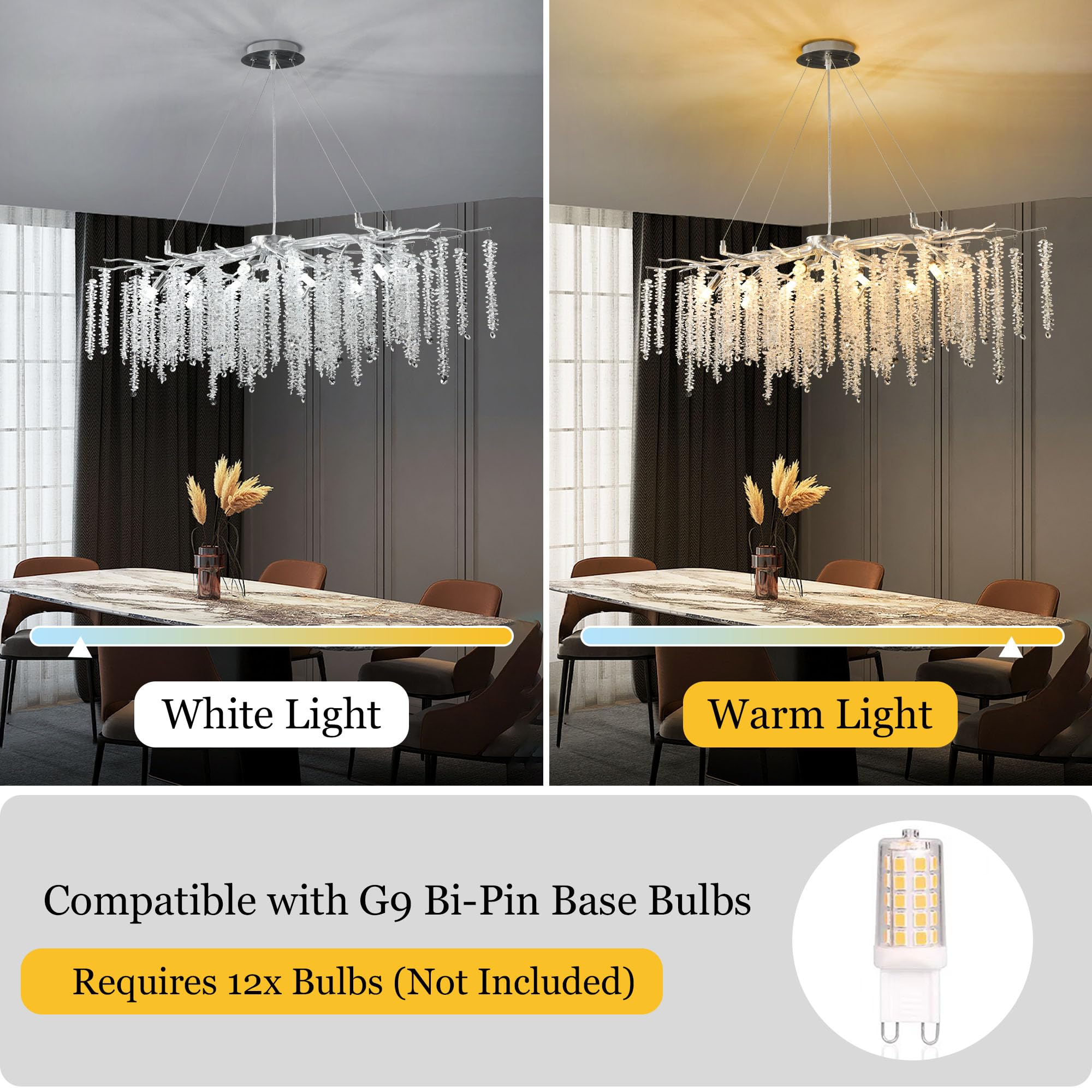 Upfelw Modern Rectangle Crystal Tree Branch Chandelier, L43'' Large Silver Linear Raindrop Indoor Hanging Pendant Light Fixture