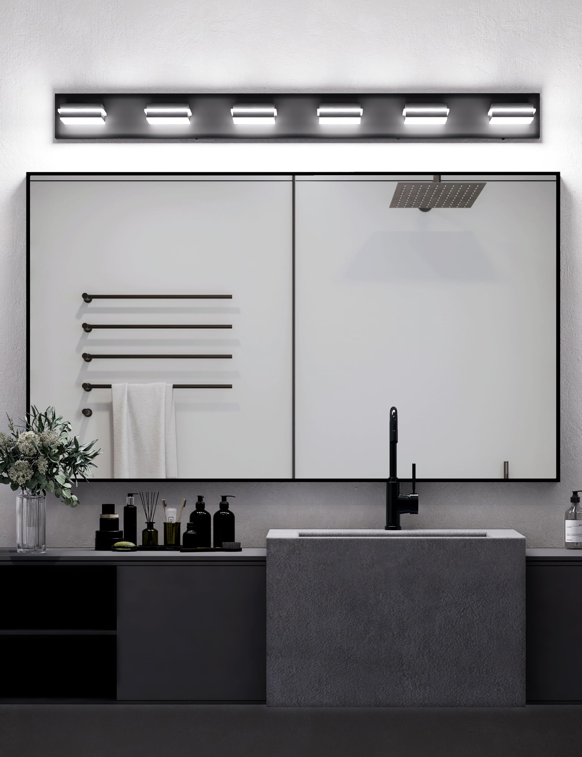 Volisun Modern Bathroom Vanity Light Fixtures (6-Light, 48-Inch), Matte Black Led Bathroom Lighting Fixtures Over Mirror, 360Rot