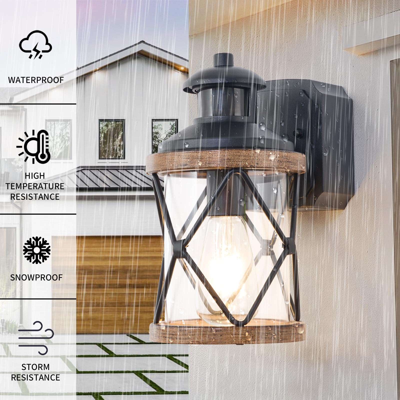 Dusk To Dawn Motion Sensor Outdoor Porch Light With Gfci Outlet 3 Lighting Modes Anti-Rust Waterproof Industrial Outdoor Lantern Ul Etl Listed Exterior Work Lights Rustic Wall Light (Round-2Pack)