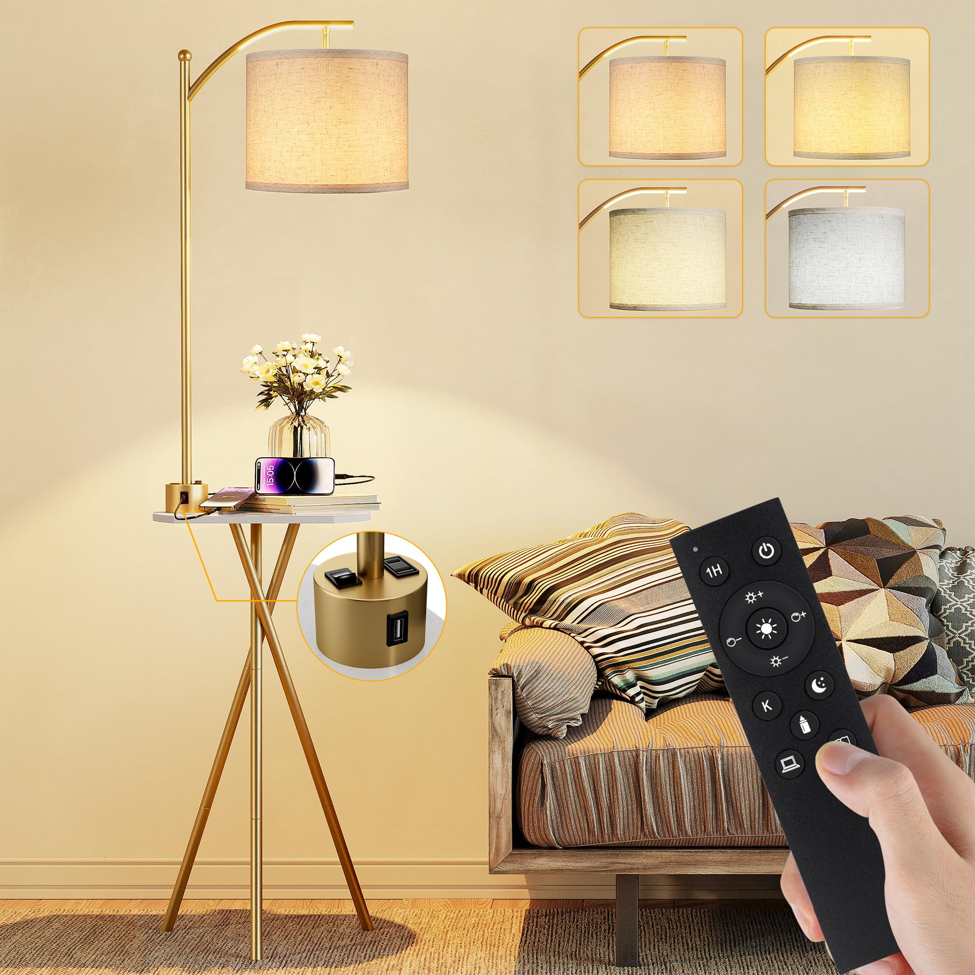 ROTTOGOON Floor Lamp with Table, Remote Control, Charging Station, 4 Color Temperatures, Gold, Model ROFP092AJ1