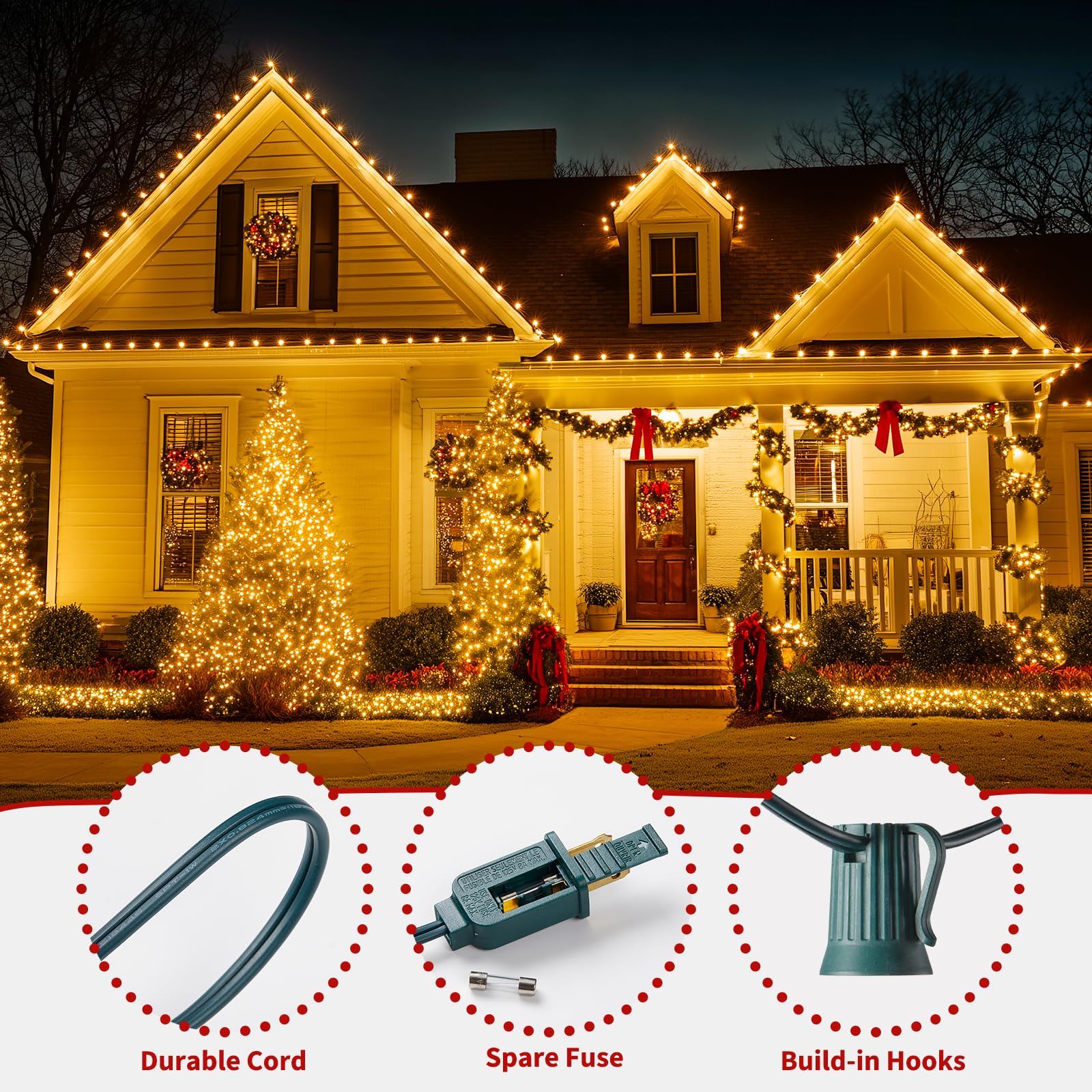 Minetom C9 Clear Christmas String Lights - 25FT Green Wire Outdoor Decor, Polycarbonate Bulbs, Perfect for Roofline and Patio Lighting