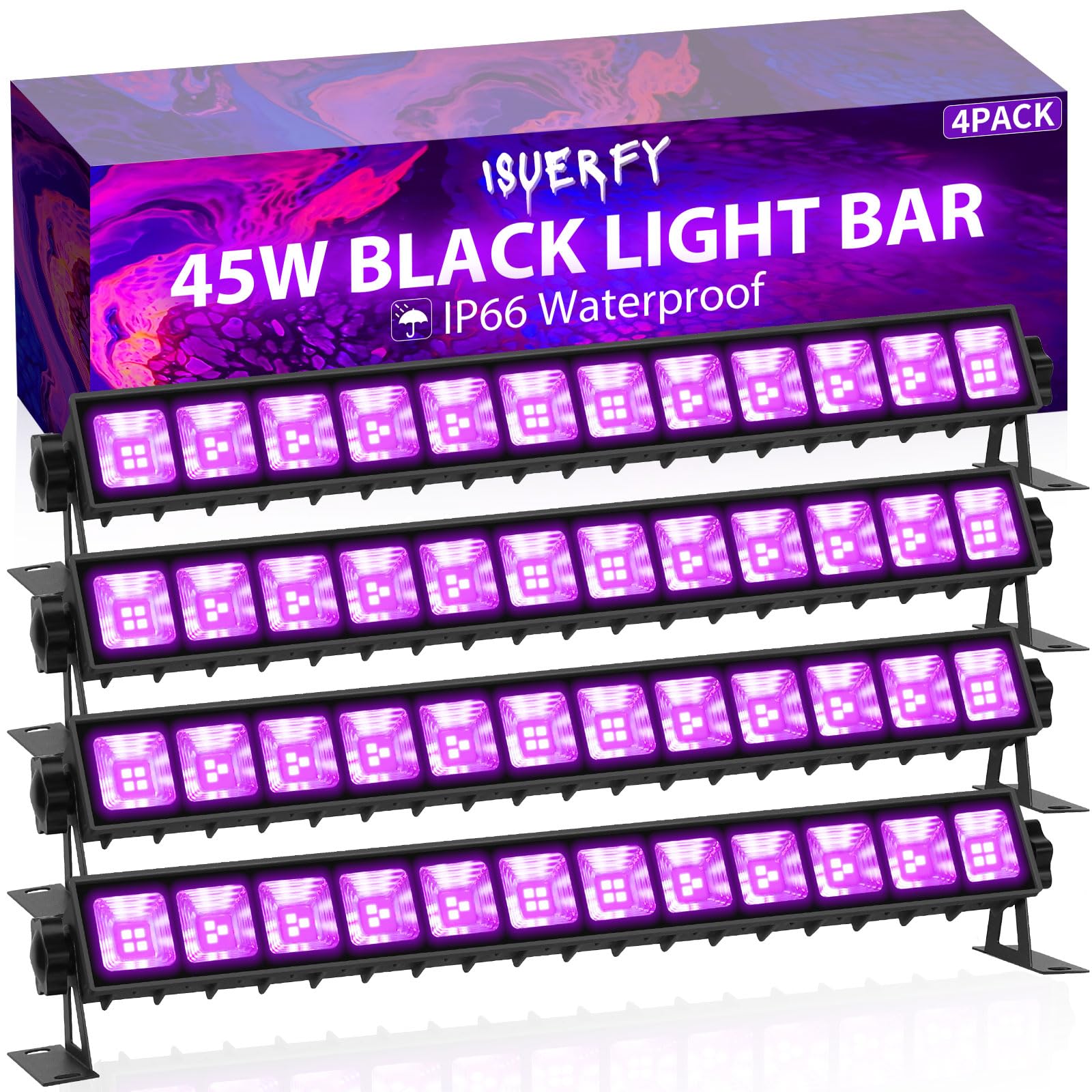 4 Pack 45W Black Light Bar IP66 Waterproof with 6ft Cord+Switch, Each Light Up 25x25ft Area, LED Outdoor Blacklight Flood Light for Glow Party Body Paint Fluorescent Poster Classroom Bedroom Halloween