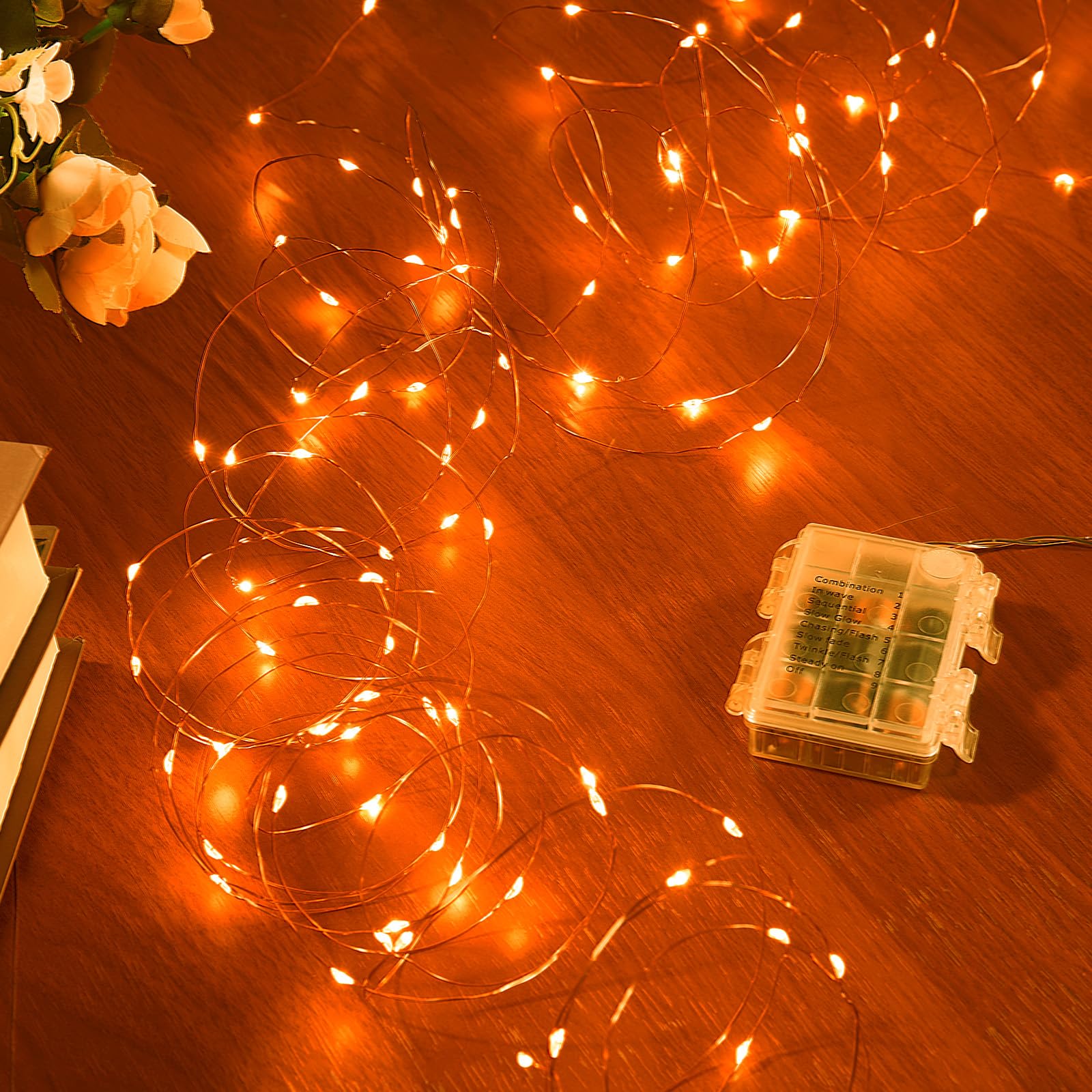 Ariceleo 2 Pack 32.8 Ft. Battery Operated Outdoor String Lights with Remote & Timer  LED Orange Fairy Lights  Waterproof Twinkle Lights for Bedroom  Dorm  Mason Jar  Wedding  Party  Christmas