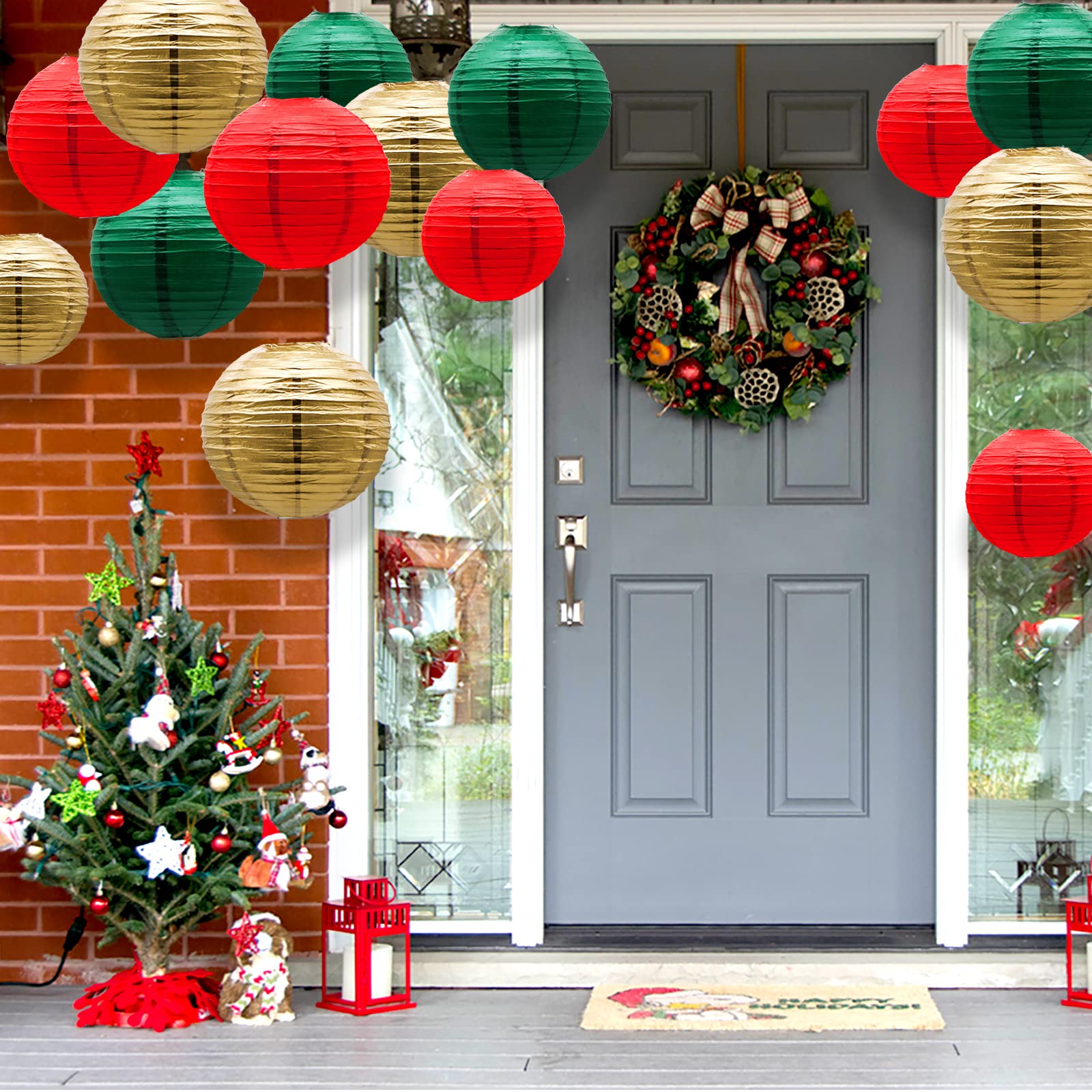 ADLKGG Paper Lanterns 21pcs Decorative Round Hanging Lanterns for Christmas, Italian Party, Graduation - Green/Red/Gold