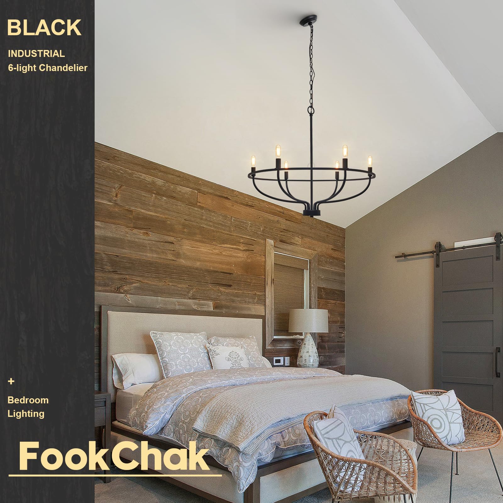 FookChak 6-Light Black Metal Chandelier - Farmhouse Candle Hanging Light Fixture for Dining Room, Kitchen, Bedroom, 28.54in