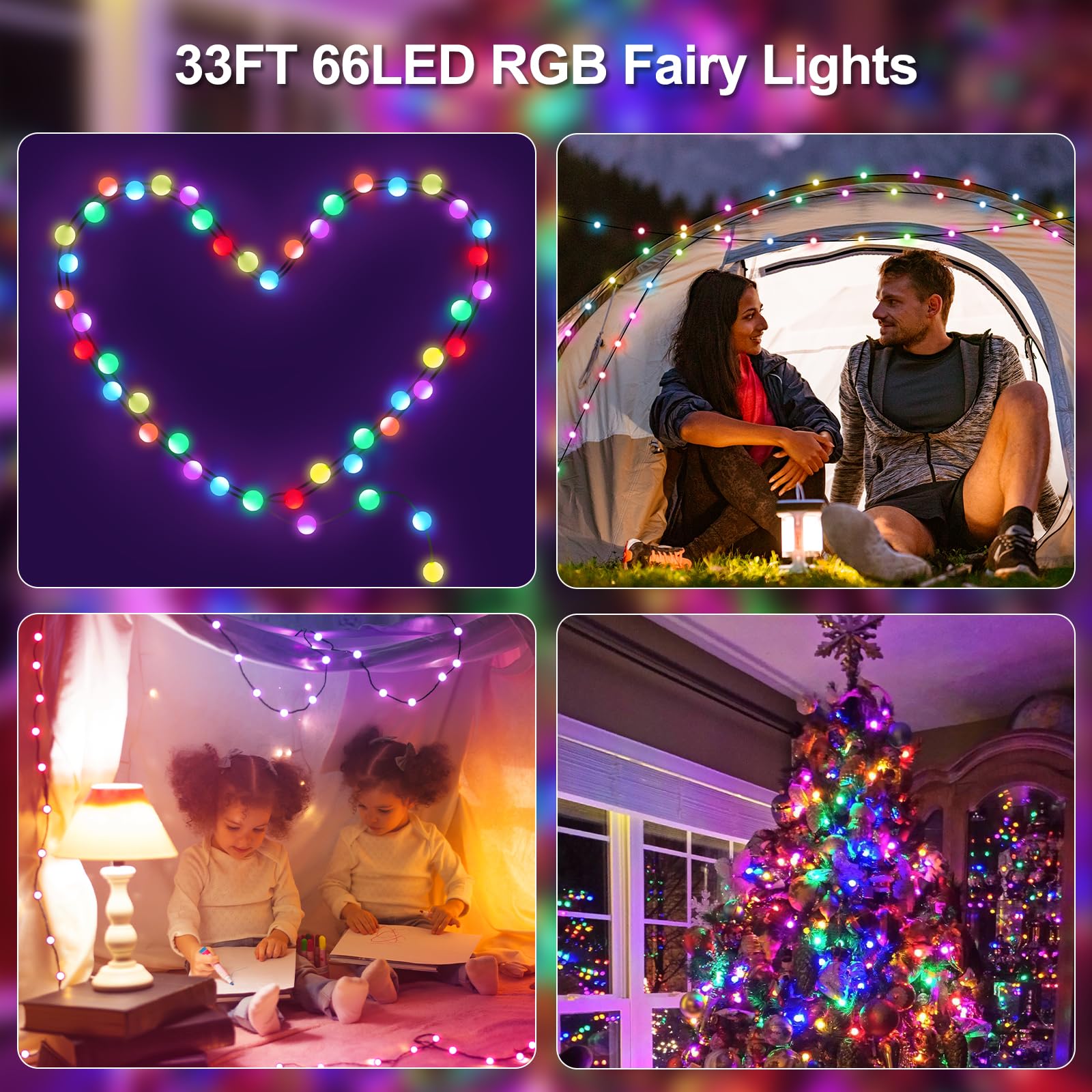 Reylax Usb Fairy Lights Plug In, 33Ft 66 Leds Twinkle String Lights, Dimmable Globe String Lights, Music Sync, Multicolor Christmas Lights Decor Indoor Outdoor, Timer, Work With App & Remote Control