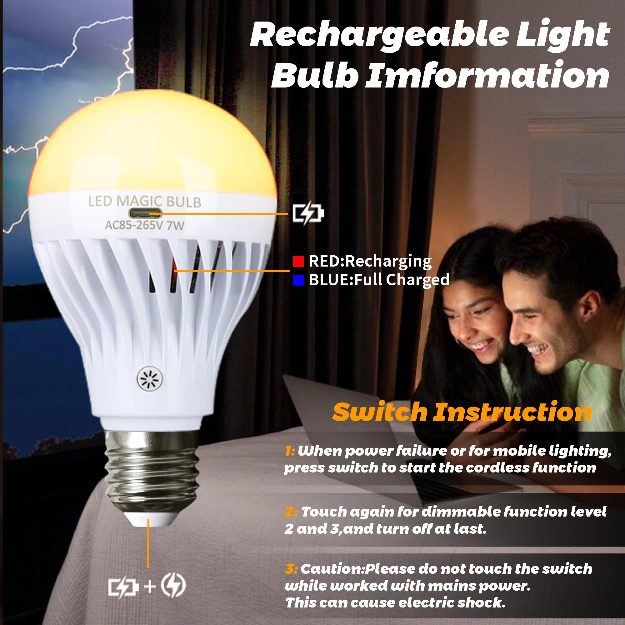 BSOD Rechargeable LED Light Bulbs - USB Powered, Warm Light, Emergency Dimmable, 2 Pack, E26, Plastic