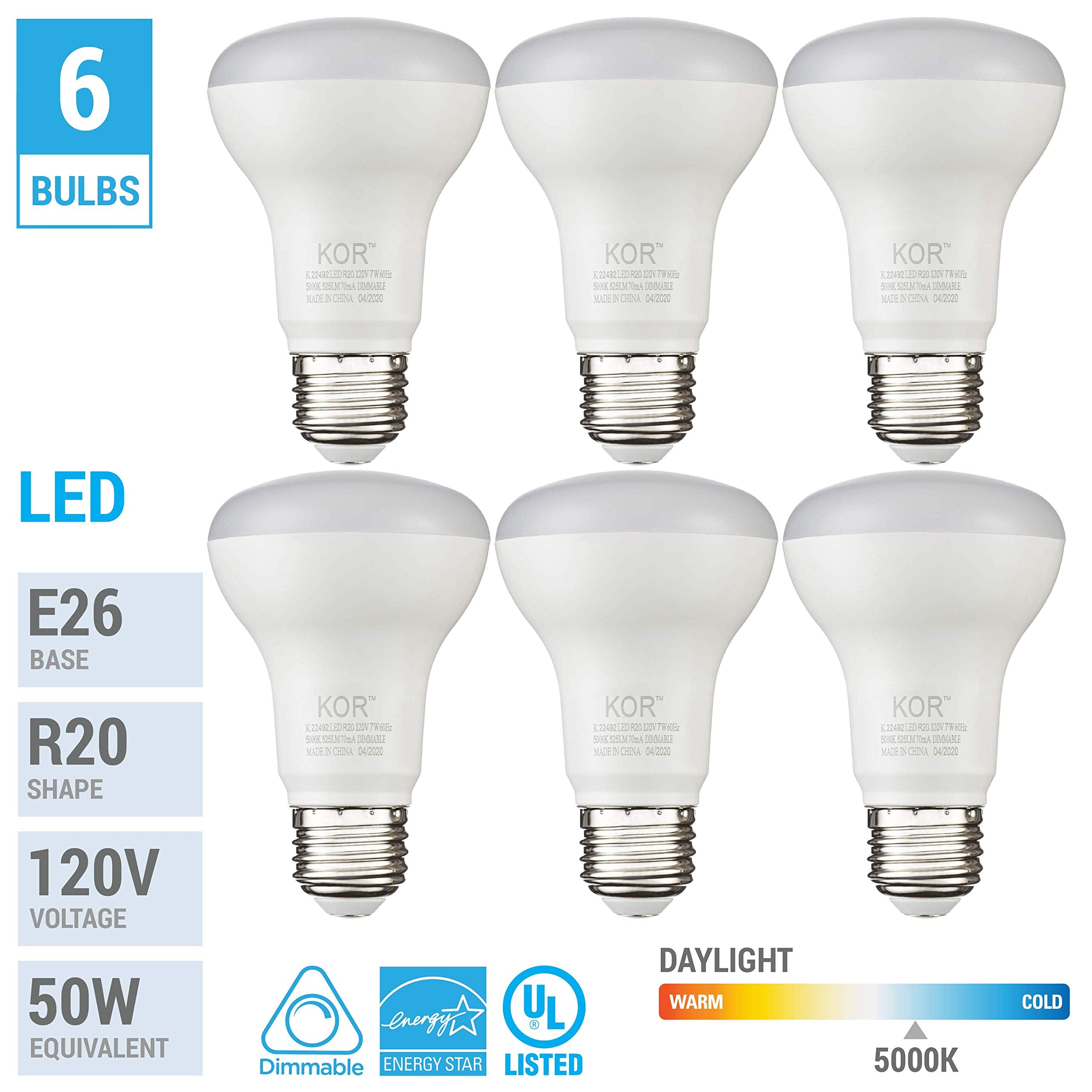 Kor (6 Pack) 7W Led R20 Reflector 5000K Bright White Light Bulb (50W Equivalent), Dimmable, 525 Lumens, Standard E26 Base, Br20