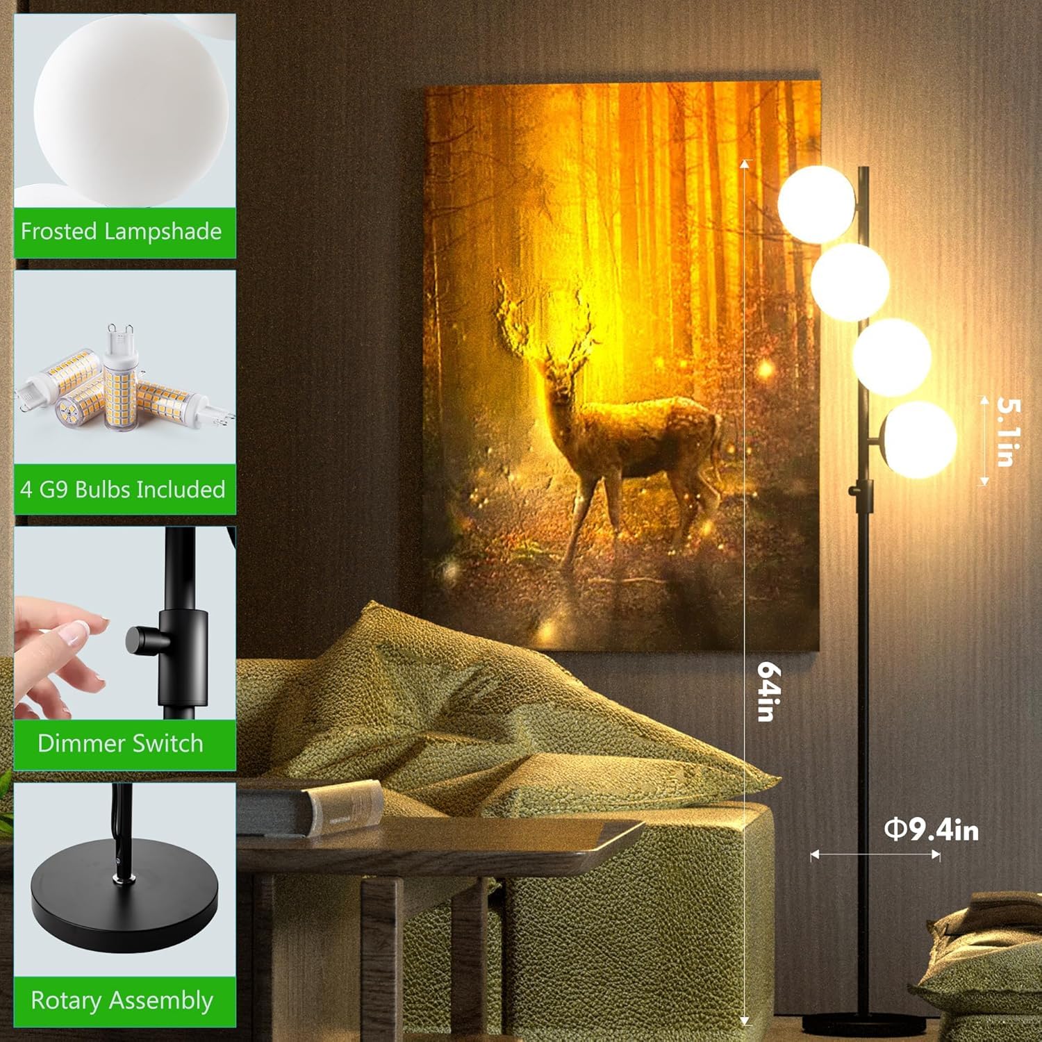 Acohook 64In Dimmable Black Floor Lamp, Tall Standing Lamps With 4 Globe Soft Warm White Eye Care 3000K G9 Bulbs, Mid Century Mo