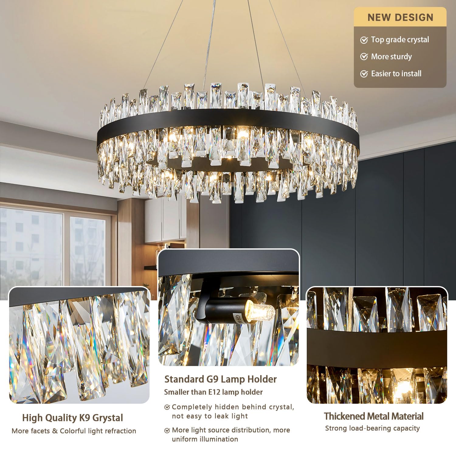 TMAFON Modern Black Crystal Chandelier, K9 Raindrop Pendant Light, 30" Diameter, Ideal for Dining Room, Living Room, Bedroom, Entryway