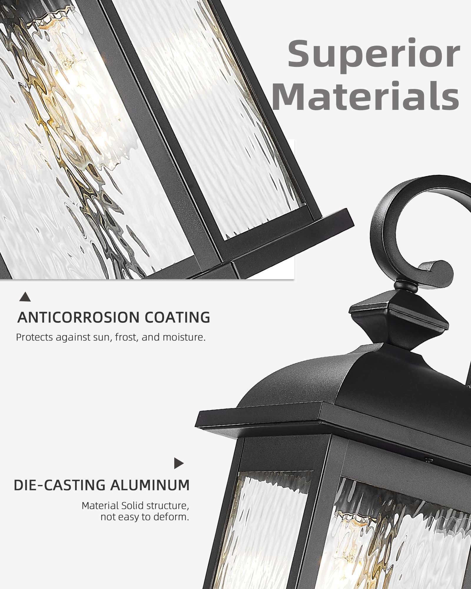 FEMILA 21" Outdoor Wall Light Fixture, Matte Black with Water Ripple Glass, Waterproof for Porch, Patio, Entryway, Garage