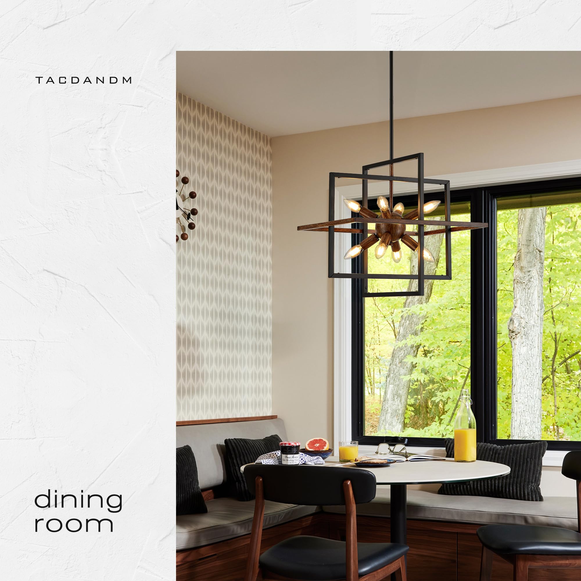 Tacdandm 8-Light Wood Grain And Vintage Black Sputnik Chandelier  18.9 Industrial Pendant Lighting Fixture For Dining Room