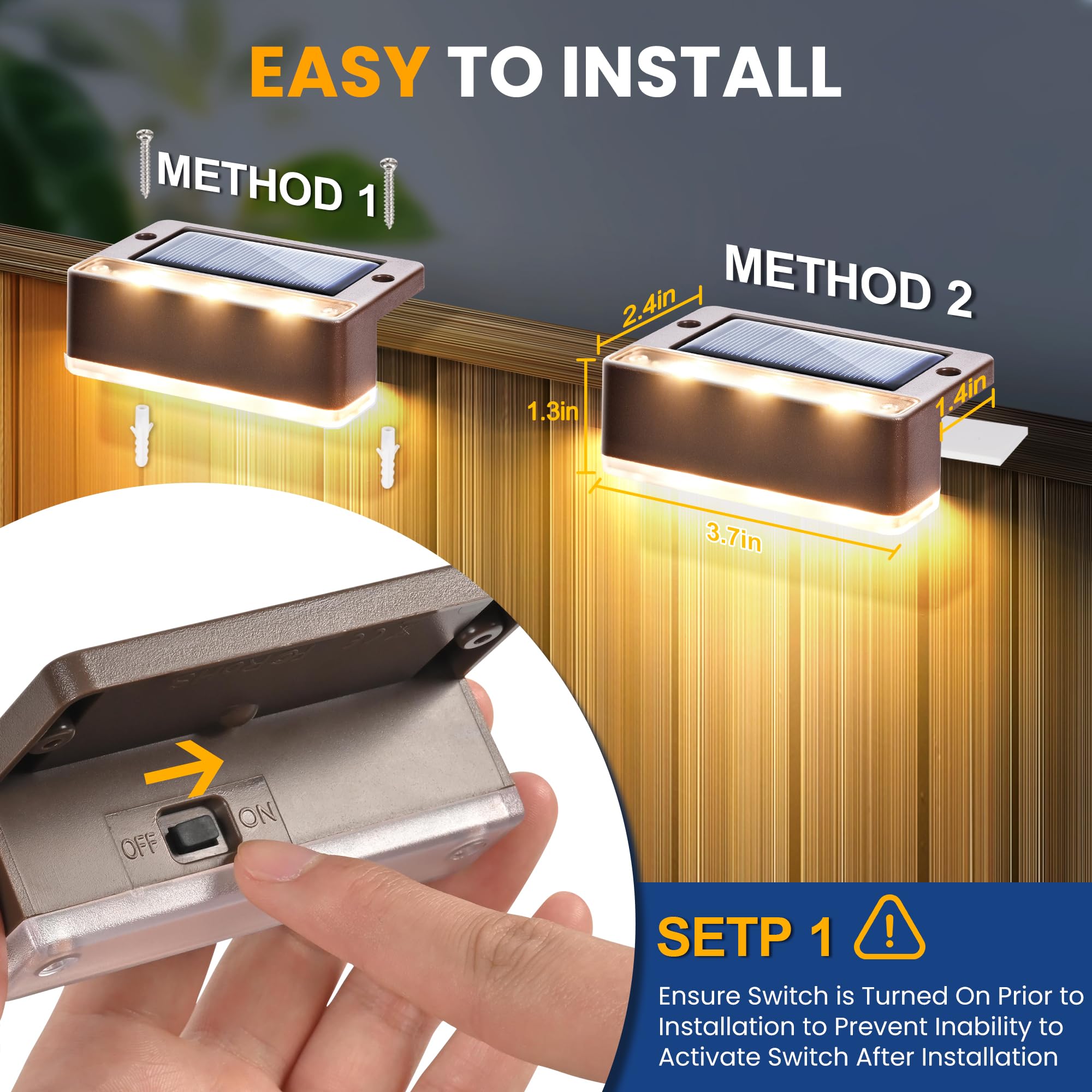 SOLPEX Solar Fence Lights, Waterproof 12 Pack, Warm White, 6 LEDs, Brown, Outdoor Step and Stair Lighting