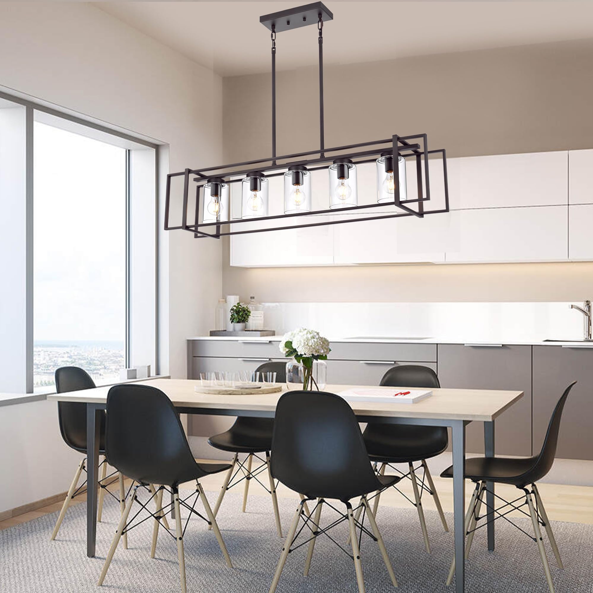 Lucidce 5-Light Industrial Pendant Lighting, Oil-Rubbed Bronze, Adjustable Rectangular Frame, Transparent Glass Shades, Model 011P-OB