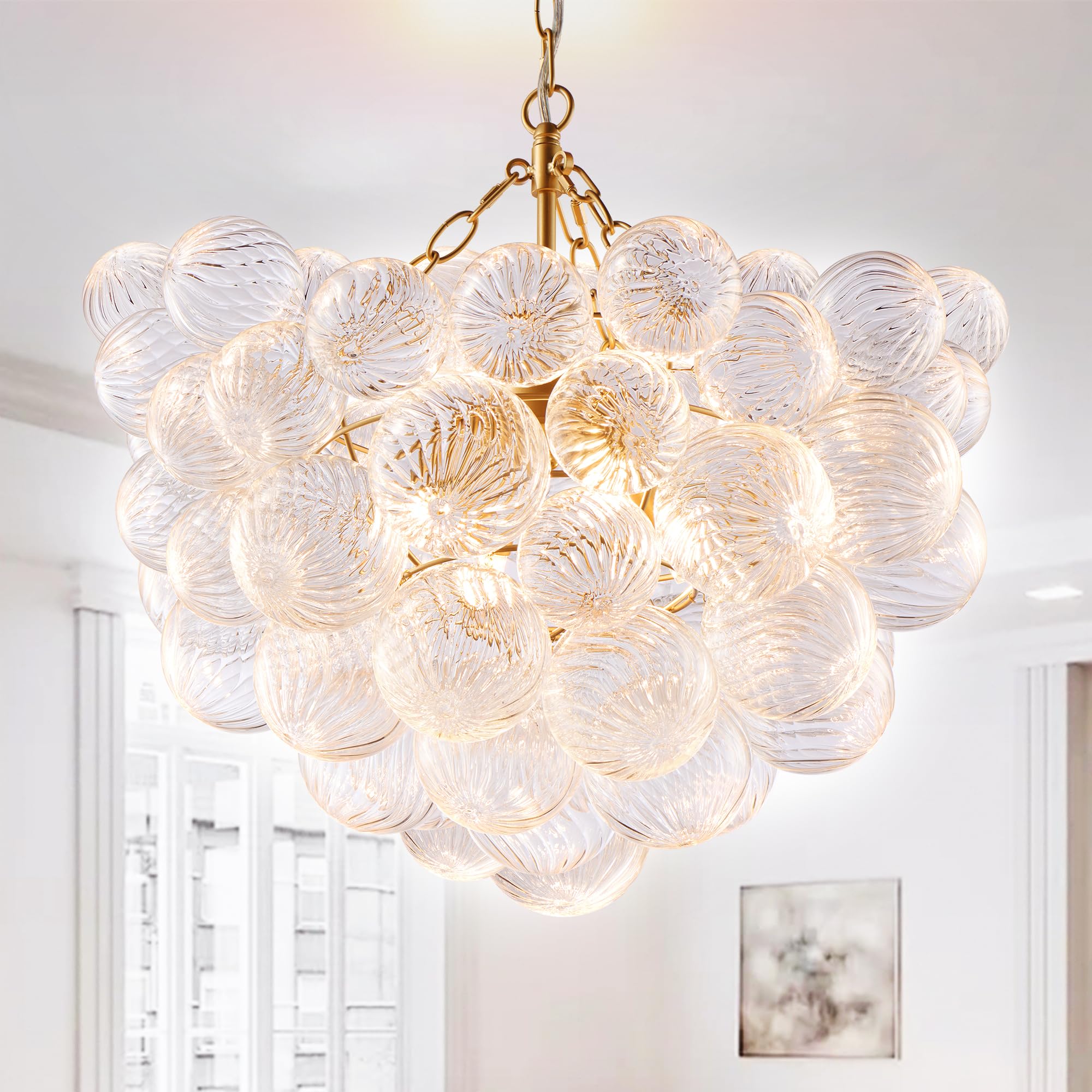 Longree Nordic Bubble Ball Swirled Glass Chandelier, Dia 20 inch Gild Gold and Clear Blown Glass Small Pendant Light Fixture for
