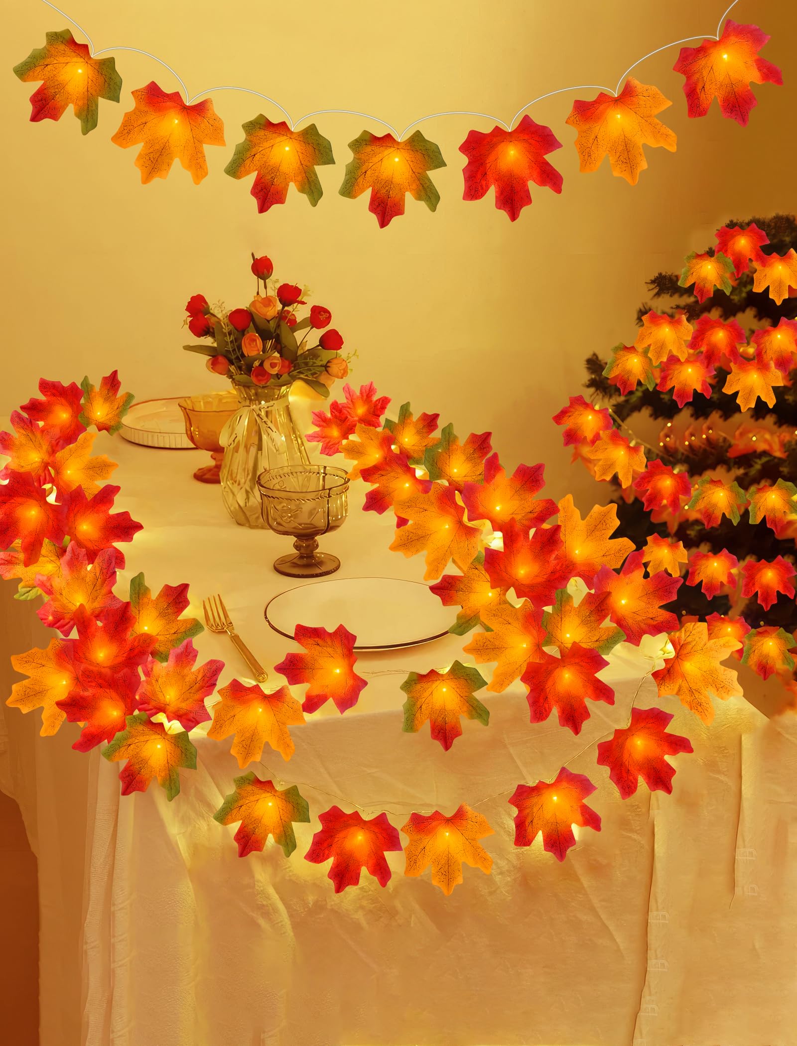 Eoako 20Ft Led Fall Maple Leaves String Lights - Warm White Outdoor Decor For Halloween & Thanksgiving