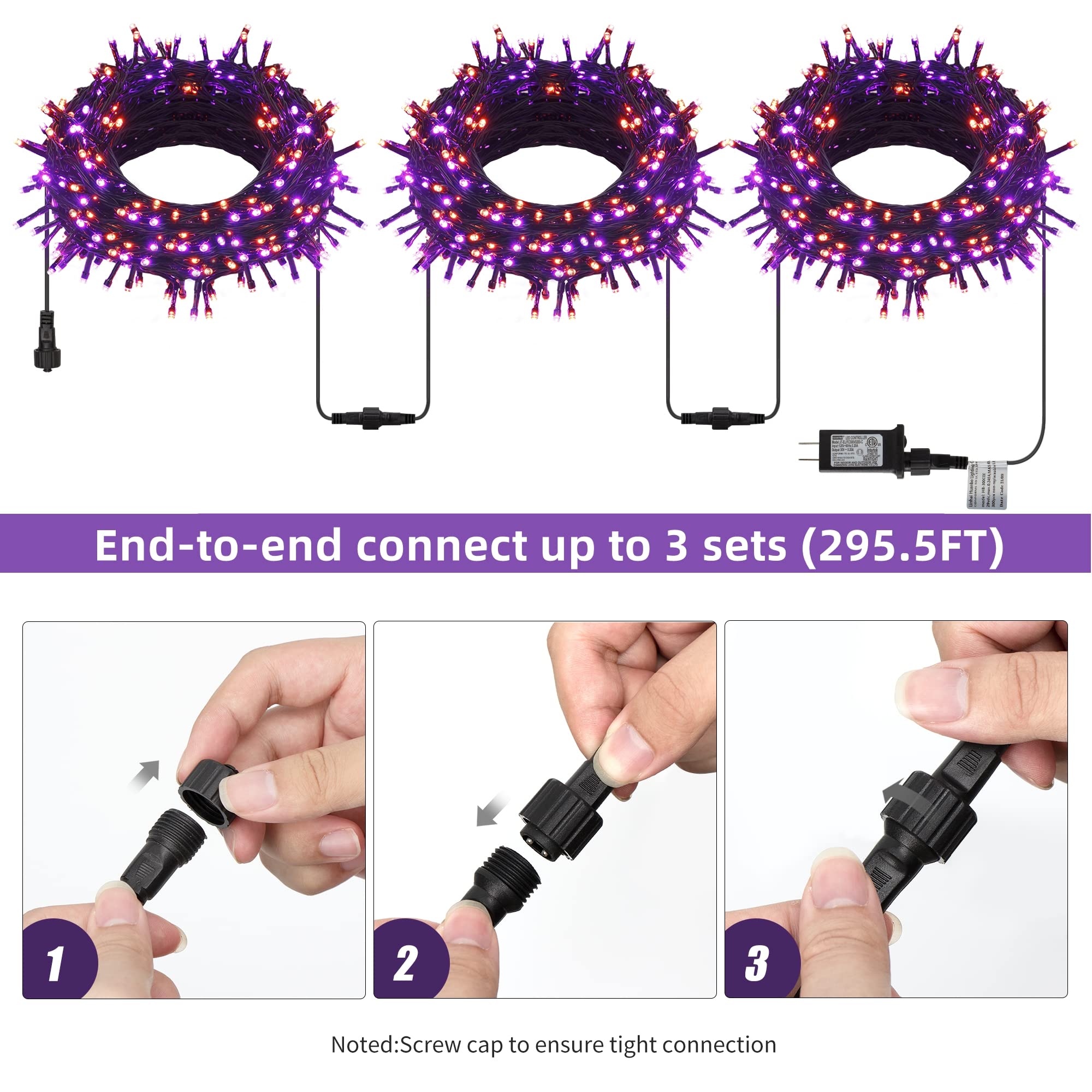 LJLNION 300 LED Halloween String Lights, 98.5FT, Waterproof, 8 Modes, Purple & Orange, Model HB-300COI