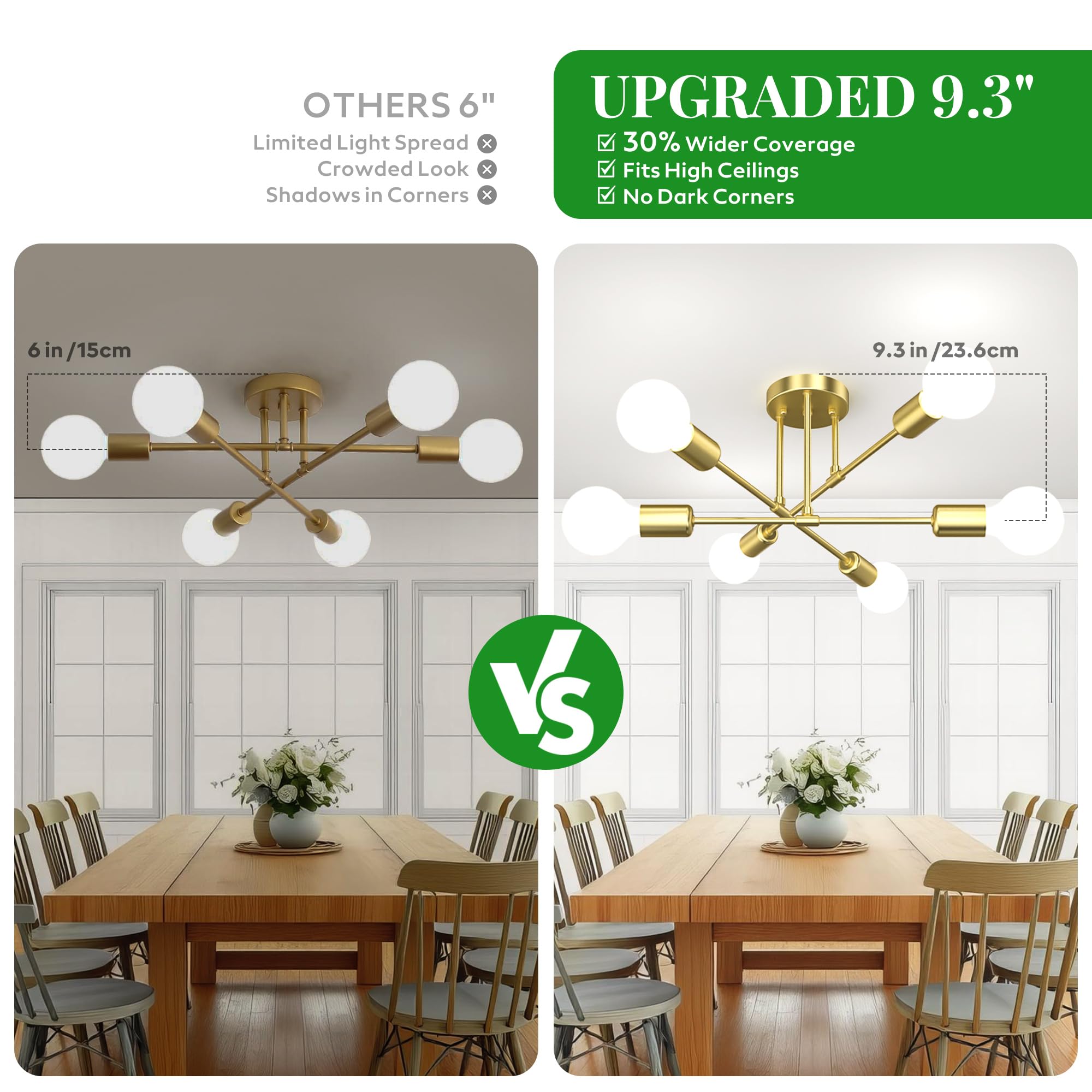 Phaosio Modern Sputnik Chandelier, 6-Light Metal Semi Flush Mount, Gold, 22” - Ideal for Dining Room, Bedroom, Living Room - Model POSI02