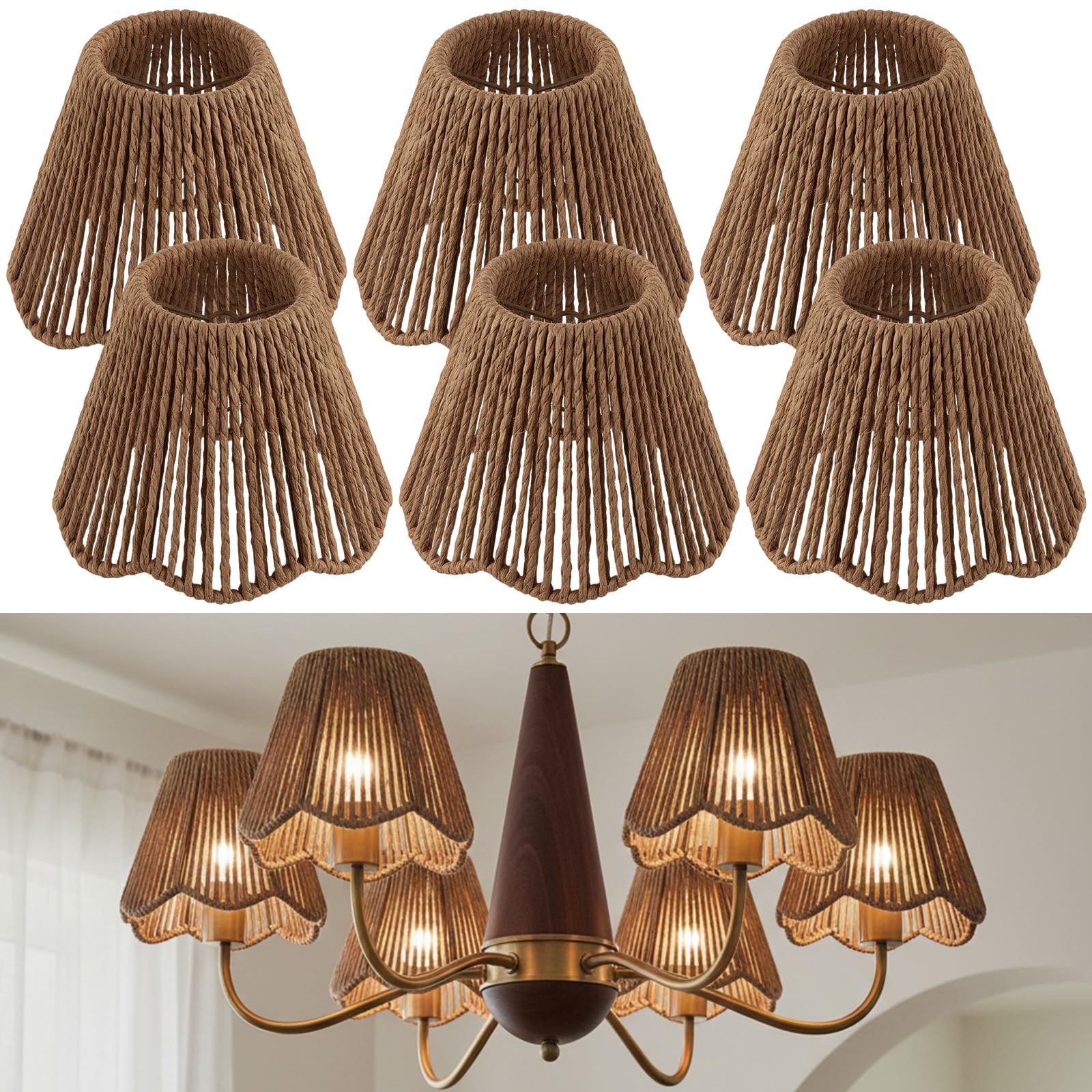VIHOSE 6 Pack Small Rattan Lampshade 3 x 5 x 6 Inch Boho Vertical Striped Rattan Lampshade Replacement with Petal Edges for Tabl