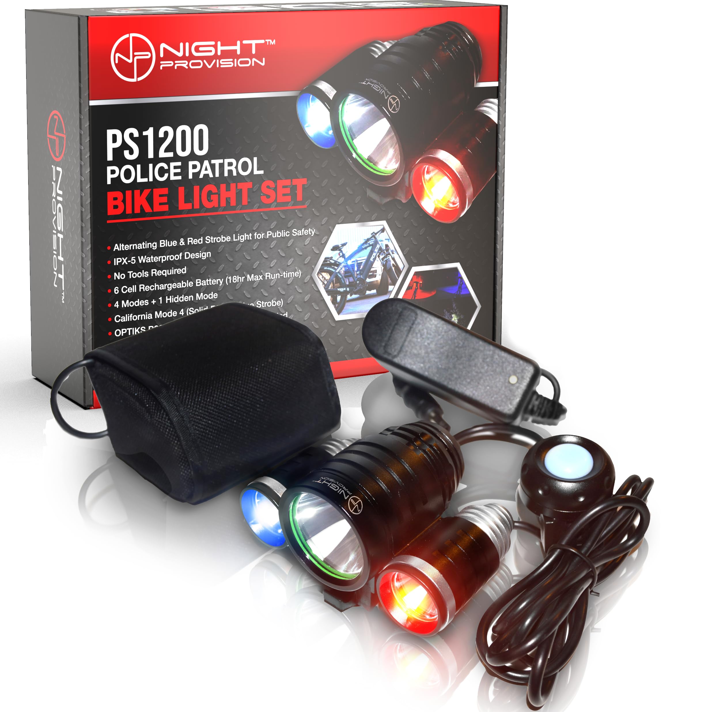 NP NIGHT PROVISION PS1200 Police Patrol Bike Head Light - Red/Blue Strobe LED - Rechargeable 18 hrs Max - Water Resistant - 5 Mo