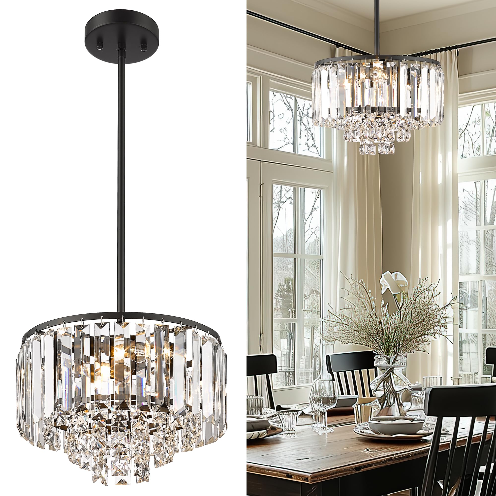 Cargifak 4-Tier Crystal Chandelier, Modern Black Chandelier, 3-Light Pendant Light For Dinning Room Kitchen Island Bedroom Entryway, Cc4215-3W-Bk