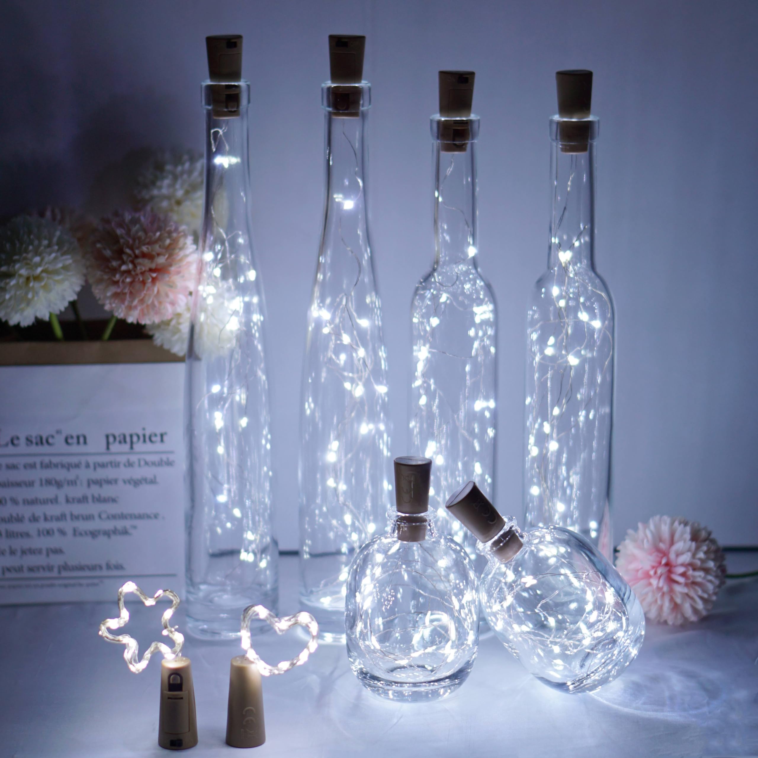 Domora Home Wine Bottle Lights 20 Leds Cork Lights Waterproof Battery (Included) Operated Fairy Mini String Lights For Diy Jar Indoor Bedroom Party Wedding Christmas Decor Pack Of 4(Cool White)