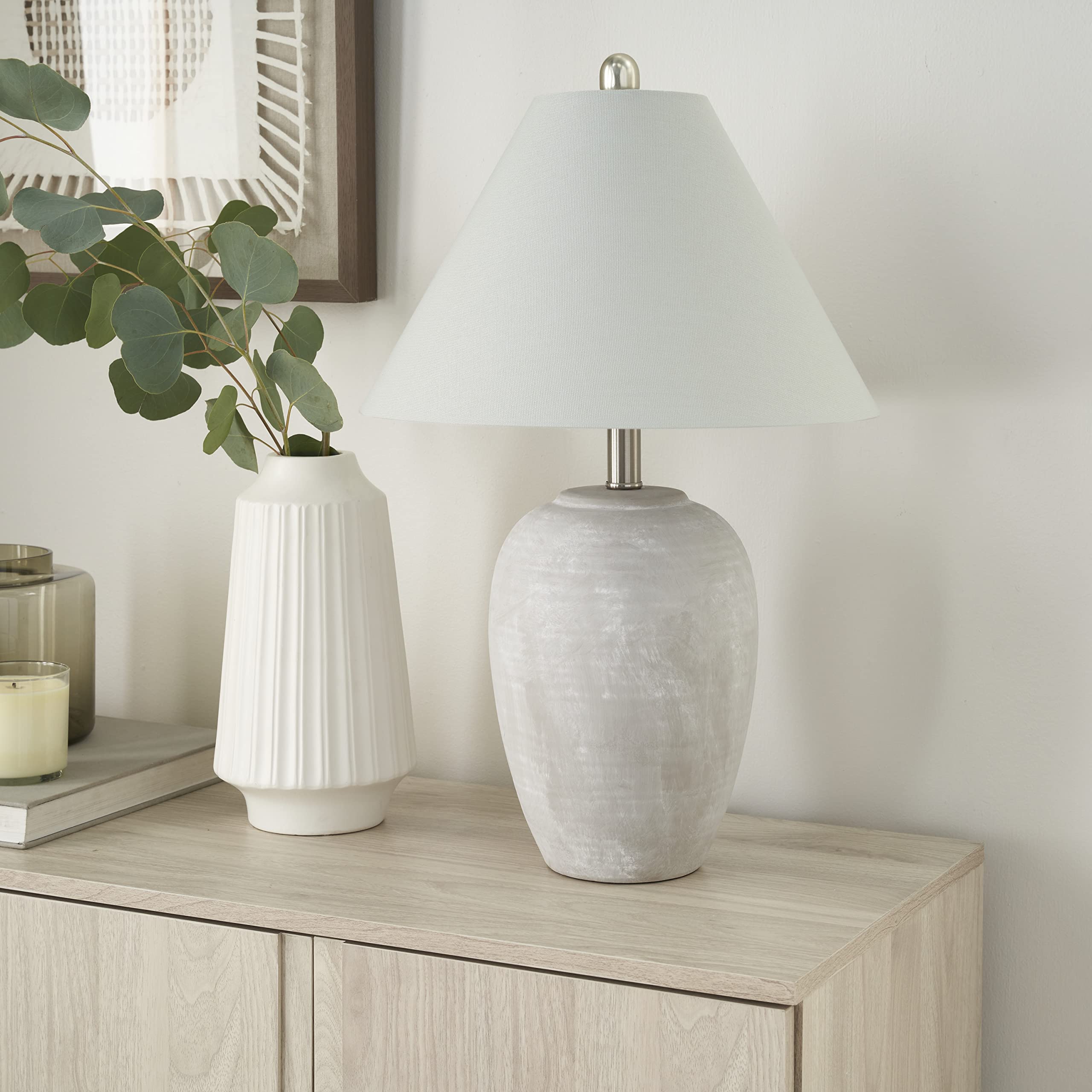Nourison 23'' Grey Vintage Distressed Ceramic Pot Table Lamp for Bedroom, Living Room, End Table, with Grey Conical Empire Shade