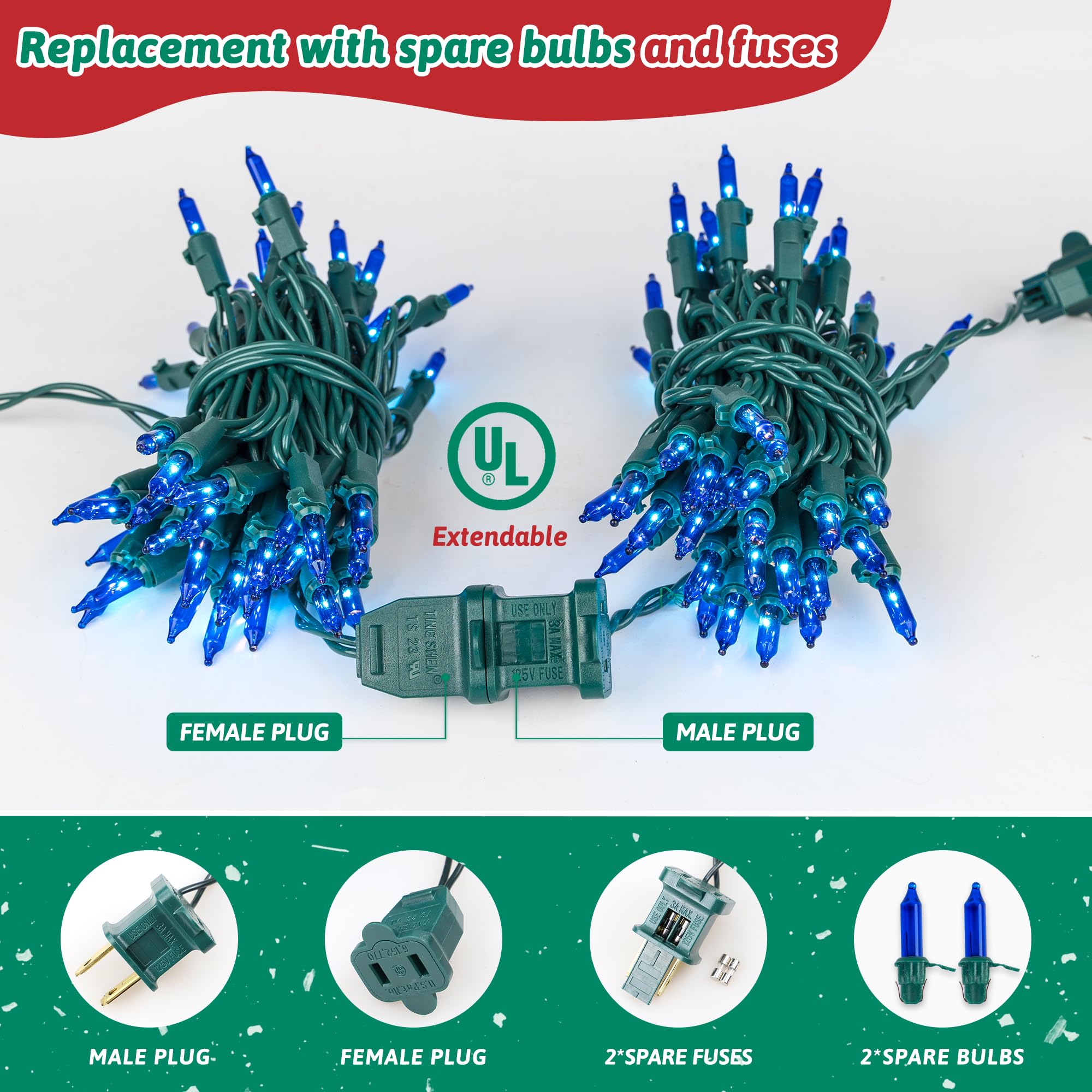 HEYFUNi Christmas String Lights, 50 Count, Blue Incandescent, 13Ft Green Wire, Indoor/Outdoor Holiday Decoration