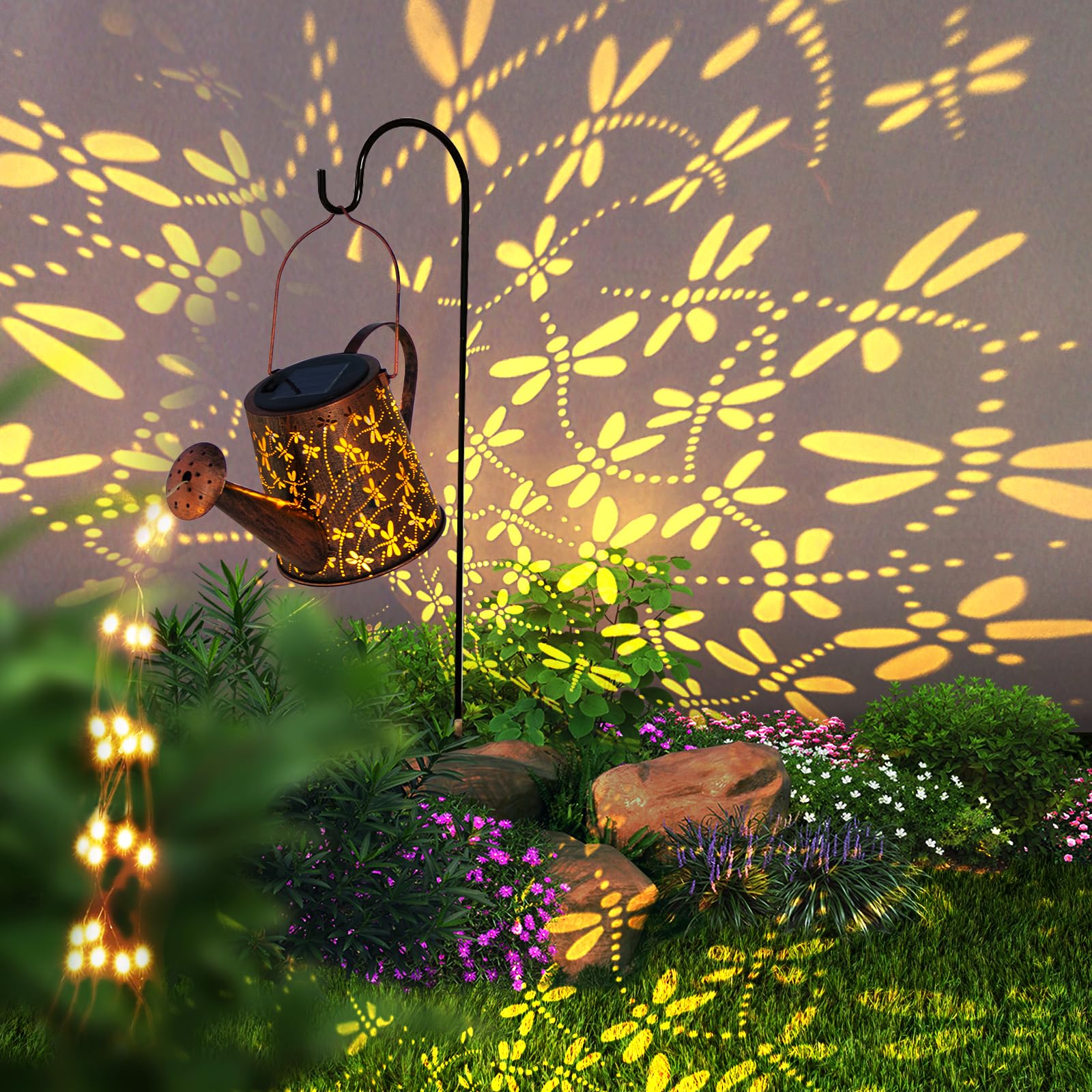 DIBIEECN Solar Watering Can Light, Dragonfly Design, Waterproof Metal Lantern, 32in Shepherd Hook, Outdoor Garden Decor