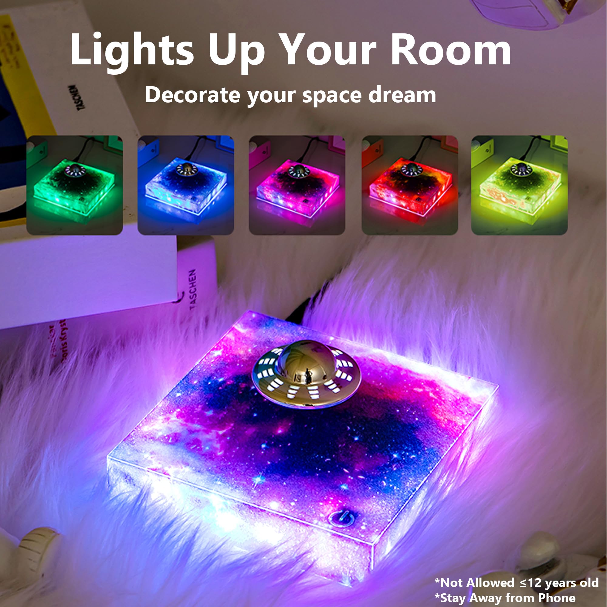 INOVAXION Levitating UFO Lamp - Magnetic Floating Decor, RGB Galaxy Base, Touch Control, Purple, Model SIM75-UFO