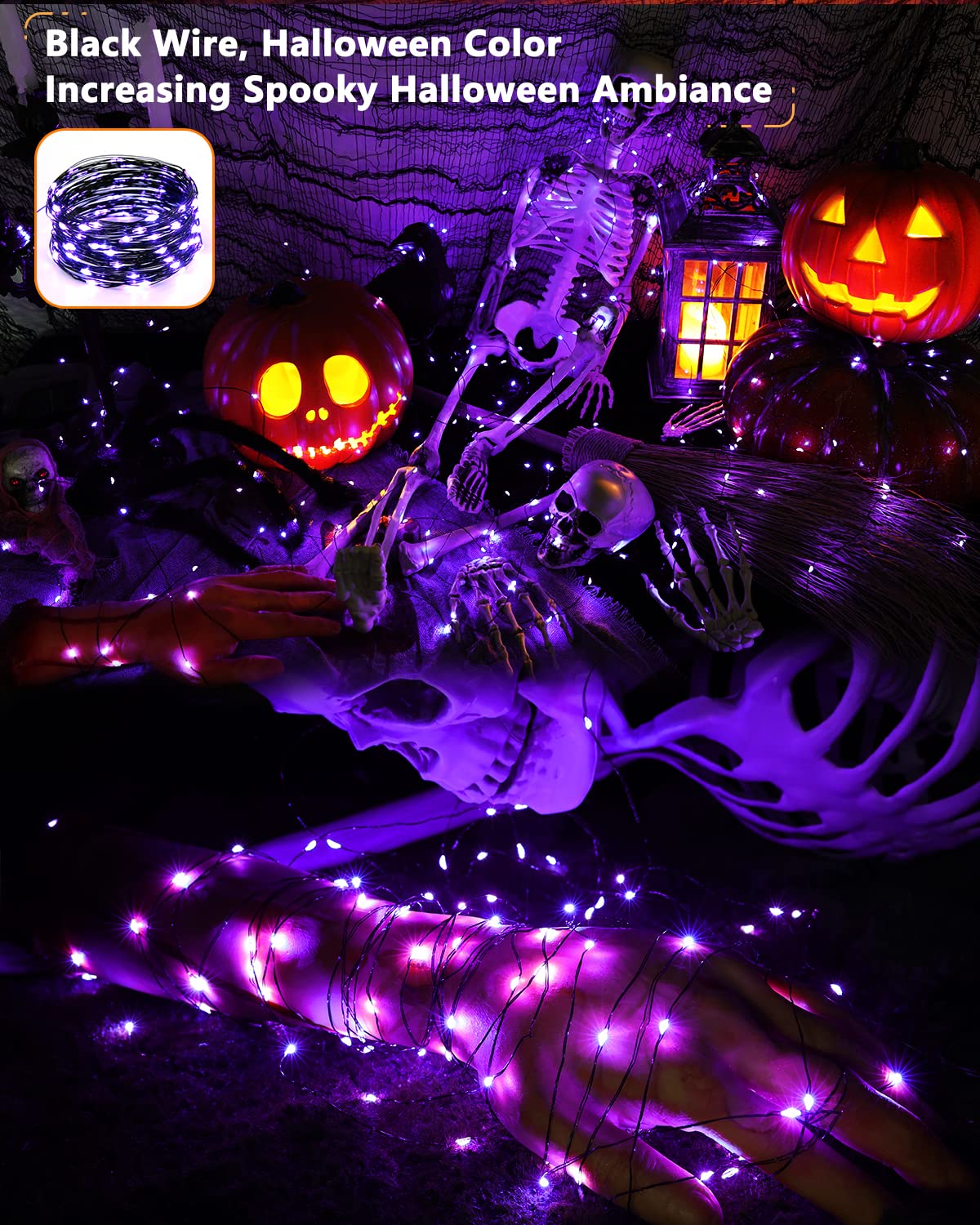 Brizled Purple Fairy Lights, 39.37ft 120 LED, Solar Powered, 8 Modes, Halloween Outdoor Decor, Black Wire