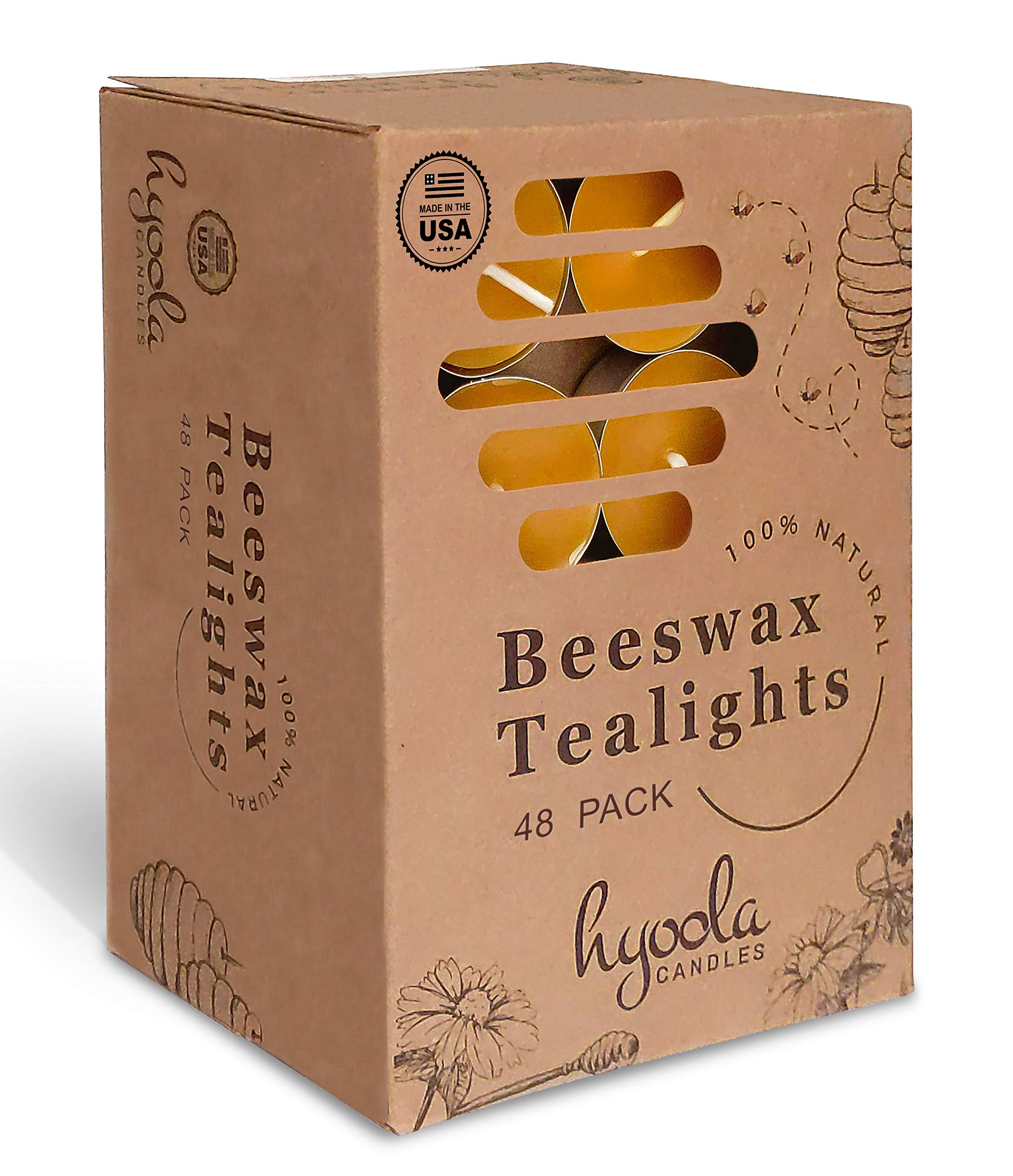 Hyoola Beeswax Tealight Candles In Aluminum Cup - 48 Pack - 100% Pure Natural Beeswax Candles