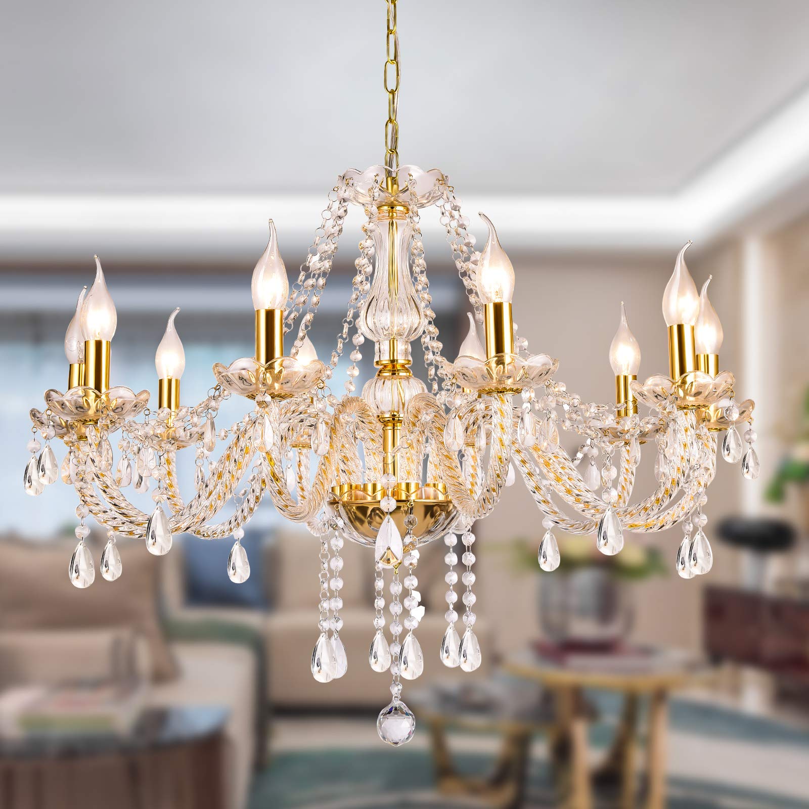 Gold Color Luxurious Candle Crystal Chandelier, 10 Lights K9 Modern Crystal Chandelier For Dining Room, Glass Ceiling Pendant Lamp For Living Bedroom Lighting Hall Balcony (10 Lights, Gold)