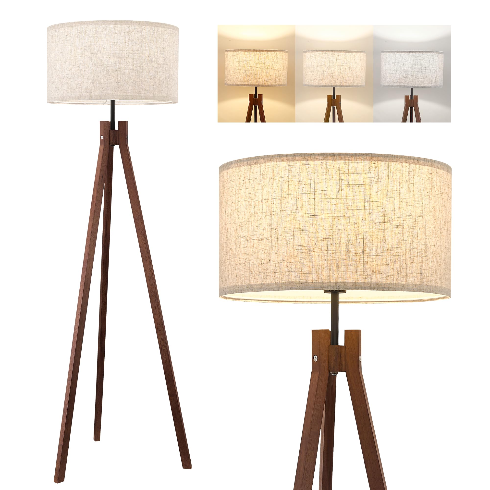 ELYONA Wood Tripod Floor Lamp, Mid Century Design, 3 Color Temperatures, Brown, Model UF1103-WA, LED Bulb Included