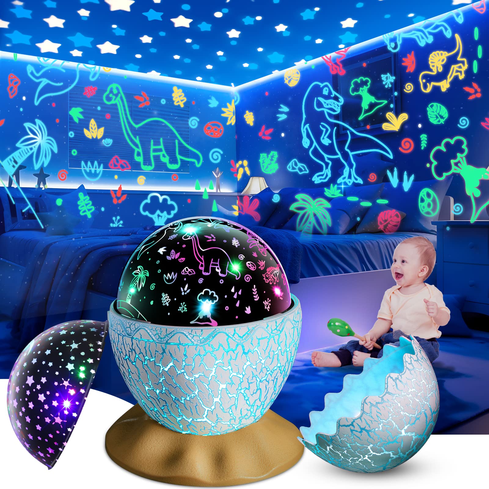 Dinosaur Egg Night Light Toys 2-In-1 Dino & Star Projector For Kids 3-5 6 7 8 9 10 Year Old Boy Girls Nights Lights Lamp Boys Easter Birthday Gifts For Kid Age 3-12