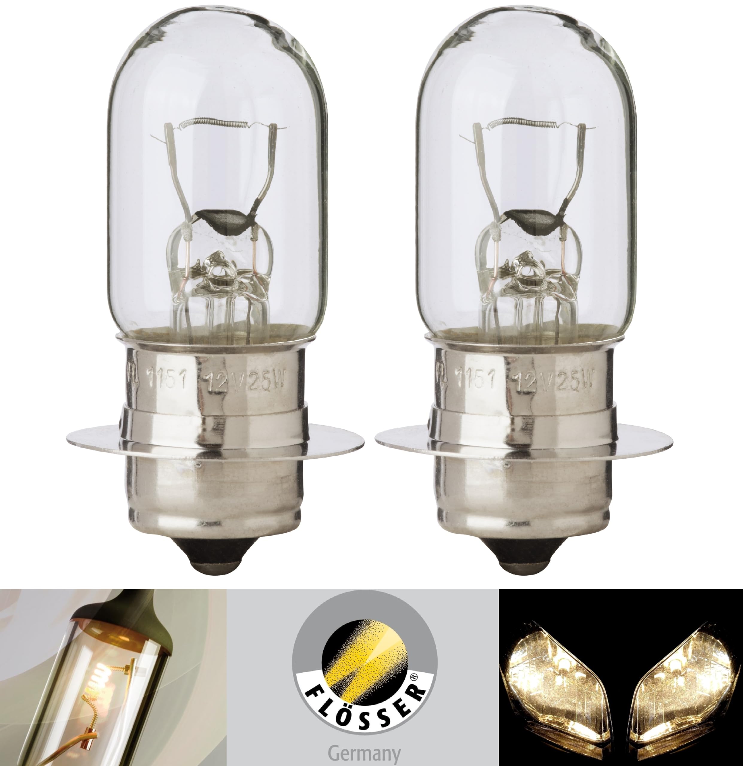 Flosser Headlight Bulbs 25W 1151 Replacement for Scooter/ATV/UTV - Pack of 2, Made in Germany