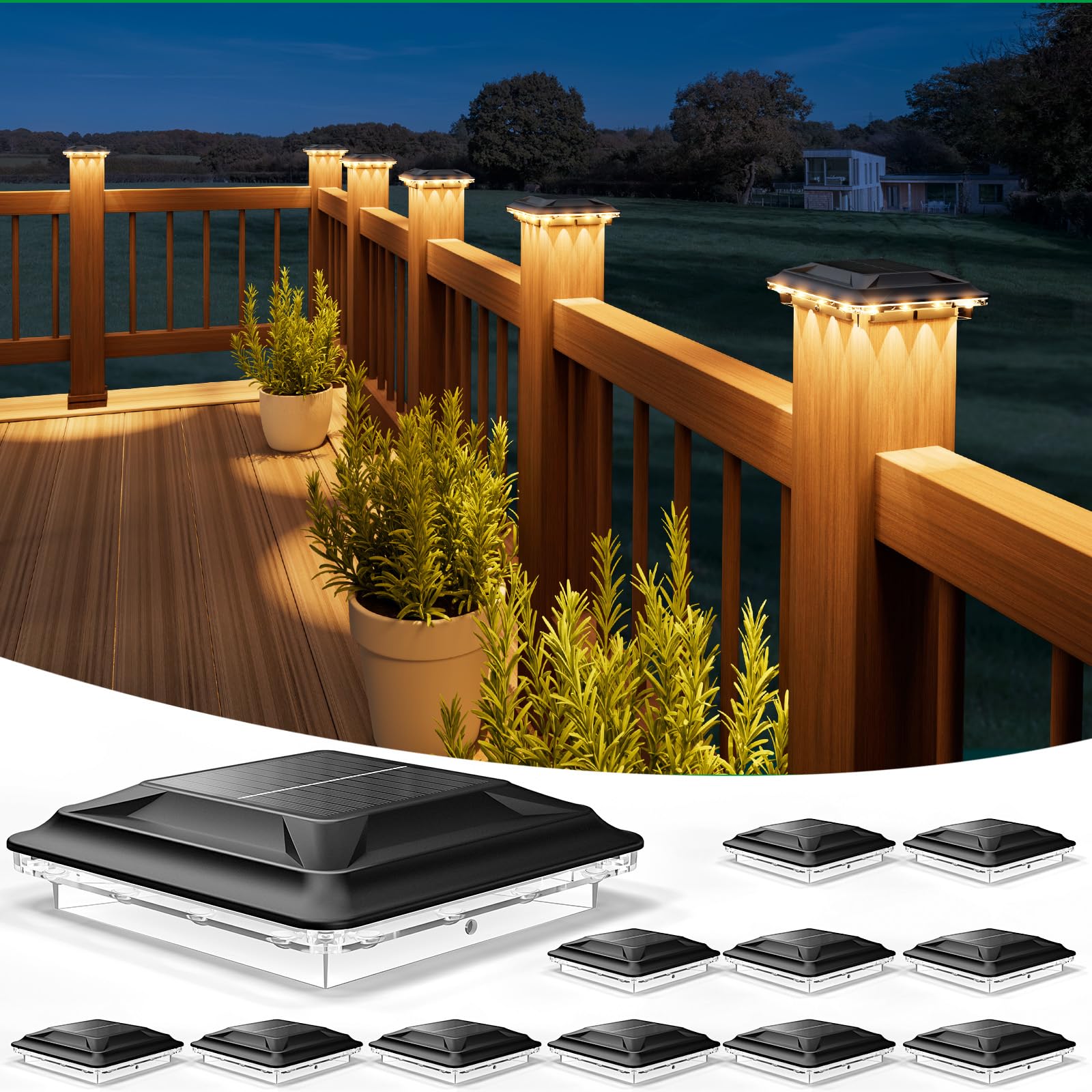 Upgraded Solar Post Cap Lights Outdoor 12pack, 3-in-1 Selectable Color (Warm White/Cool White/Daylight), Waterproof Downward Lig