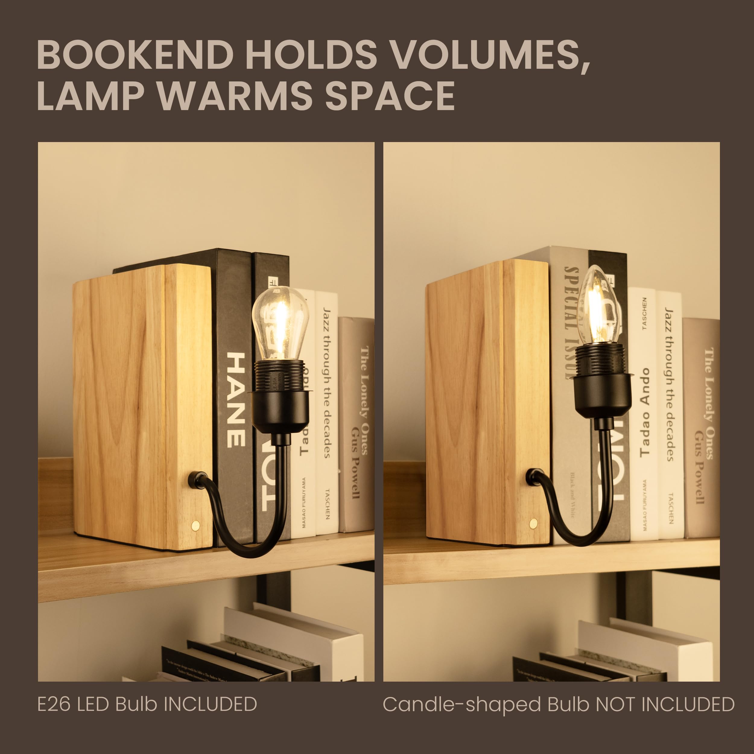 AELS Wooden Bookshelf Lamp, Cordless Touch Dimmable, Rechargeable Model, Natural Finish, Modern Decorative Table Lamp for Home & Office