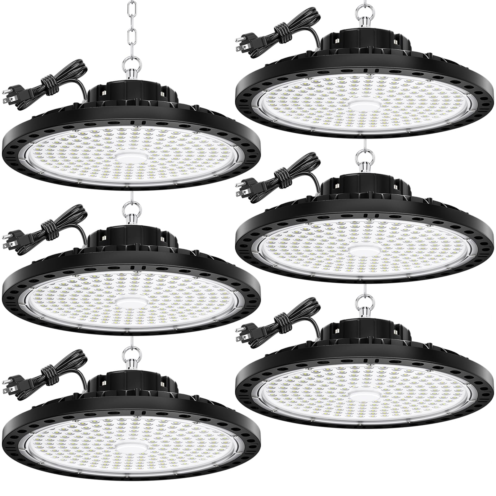 TOPAUBUB 200W High Bay LED Light 6 Pack, 28000LM High Bay LED Shop Lights with 6.56FT Cable US Plug, 11.8in Metal Chain, Driver,