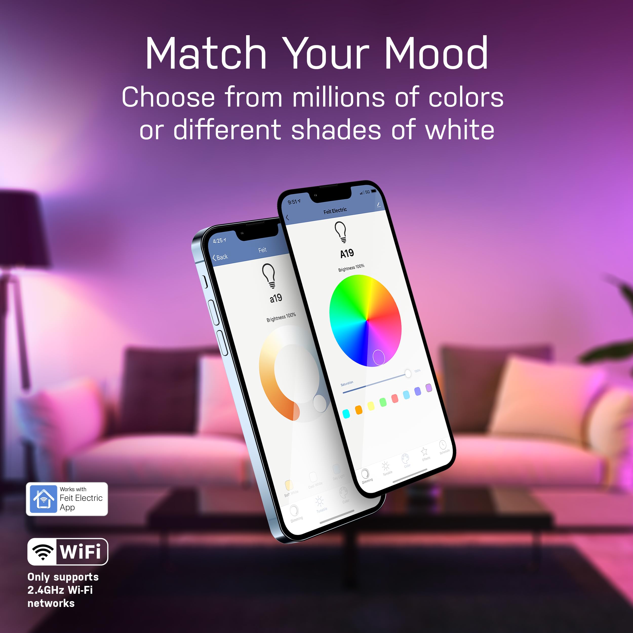 Feit Electric Om60/Rgbw/Ca/Ag Smart Wifi Color Changing And Dimmable  Alexa Or Google Assistant  No Hub Required A19 Led Light Bulb  60W