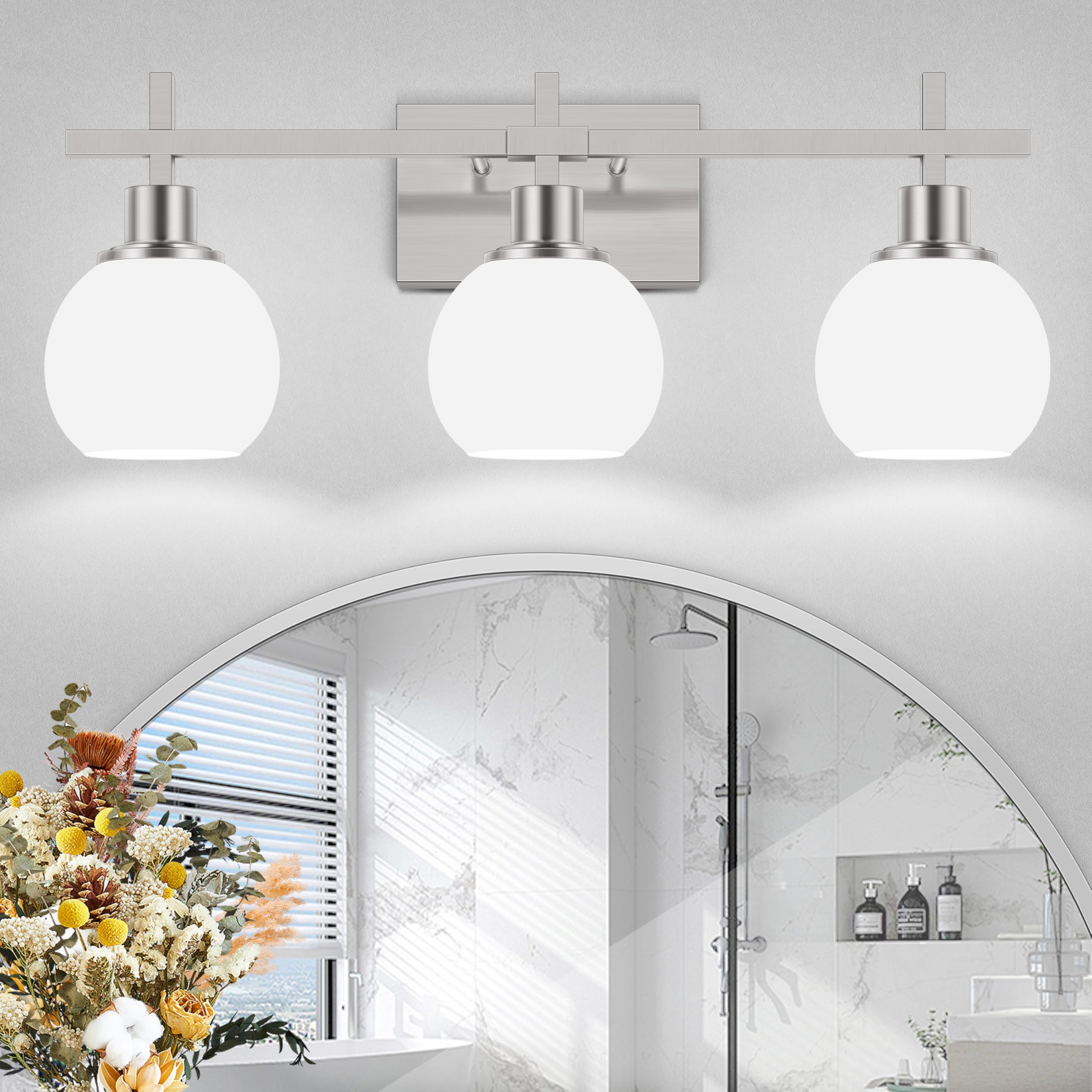 Dpyrrhic 3-Light Bathroom Vanity Lighting Fixtures, Brushed Nickel, Metal, JD-191, Milky White Glass Lampshade
