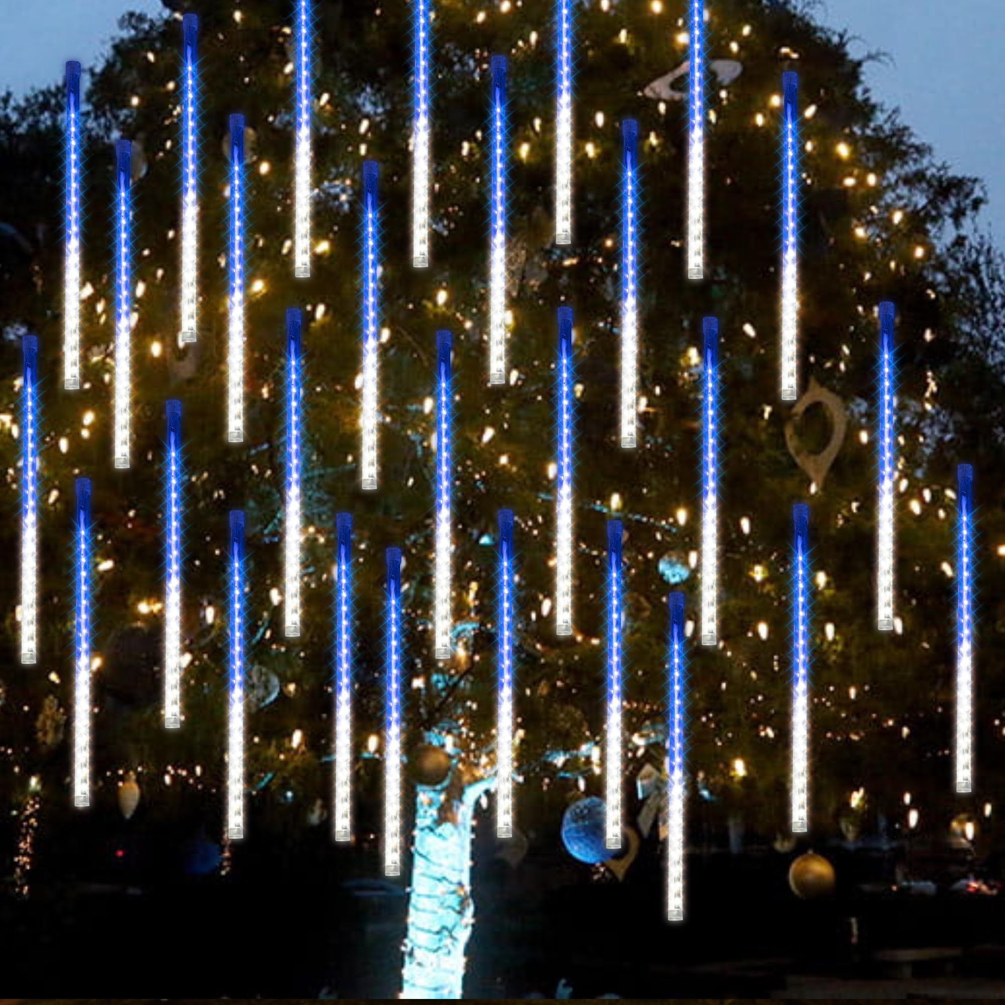 Dazzle Bright 288 LED Meteor Shower Rain Lights, Waterproof Blue & White Christmas Decorations, Model HB-300COI, 11.8 Inch