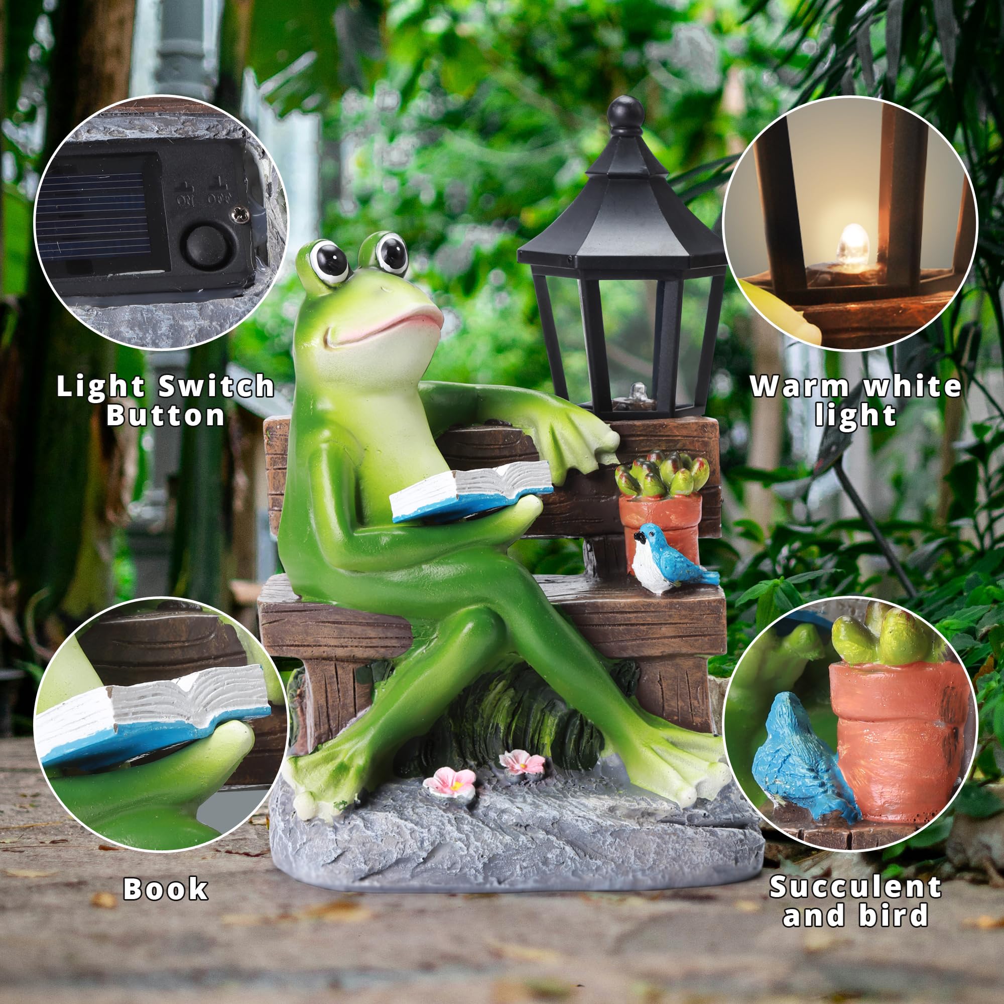 Outdoor Resin Reading Frog Statues, Solar Frog Garden Statues, Garden Frogs Outdoor Decor For Lawn, Balcony, Yard Decoration, Fr